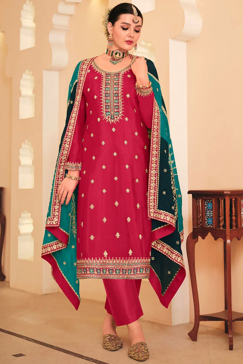 Magenta Salwar Suit: Heavy Chinon Top, Premium Santun Bottom, Organza Dupatta with Embroidery Work