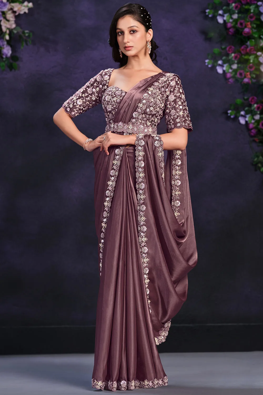 Exquisite Dirty Purple Crepe Satin Saree with Satin Silk Blouse: Cord, Sequence, Thread, Stone & Moti Work