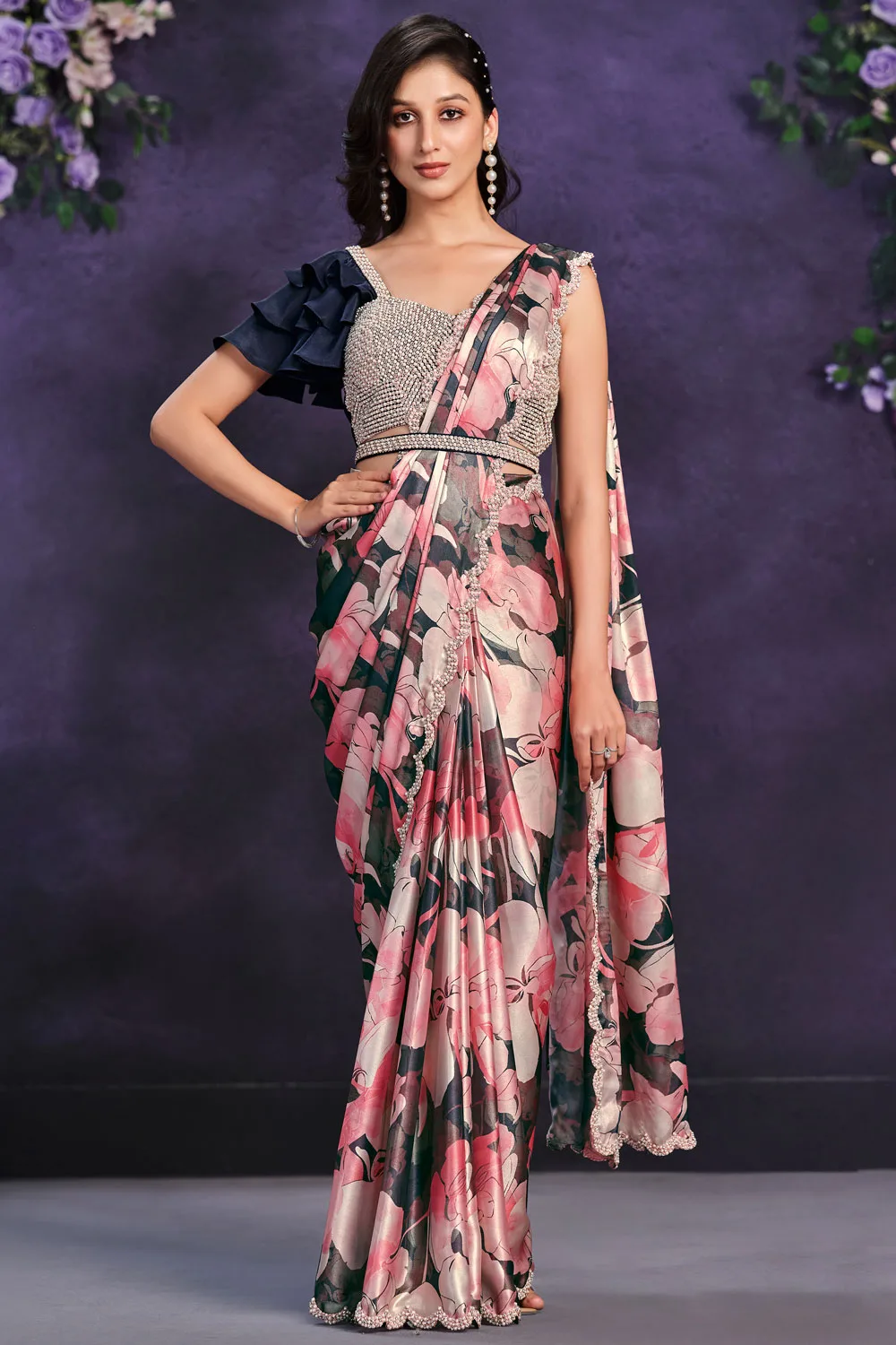 Enchanting Pink Crepe Satin Saree with Satin Silk Blouse: Cord, Sequence, Thread, Stone & Moti Work