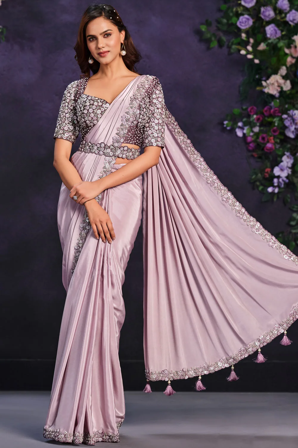 Elegant Light Pink Crepe Georgette Saree with Satin Silk Blouse: Cord, Sequence, Thread, Stone & Moti Work