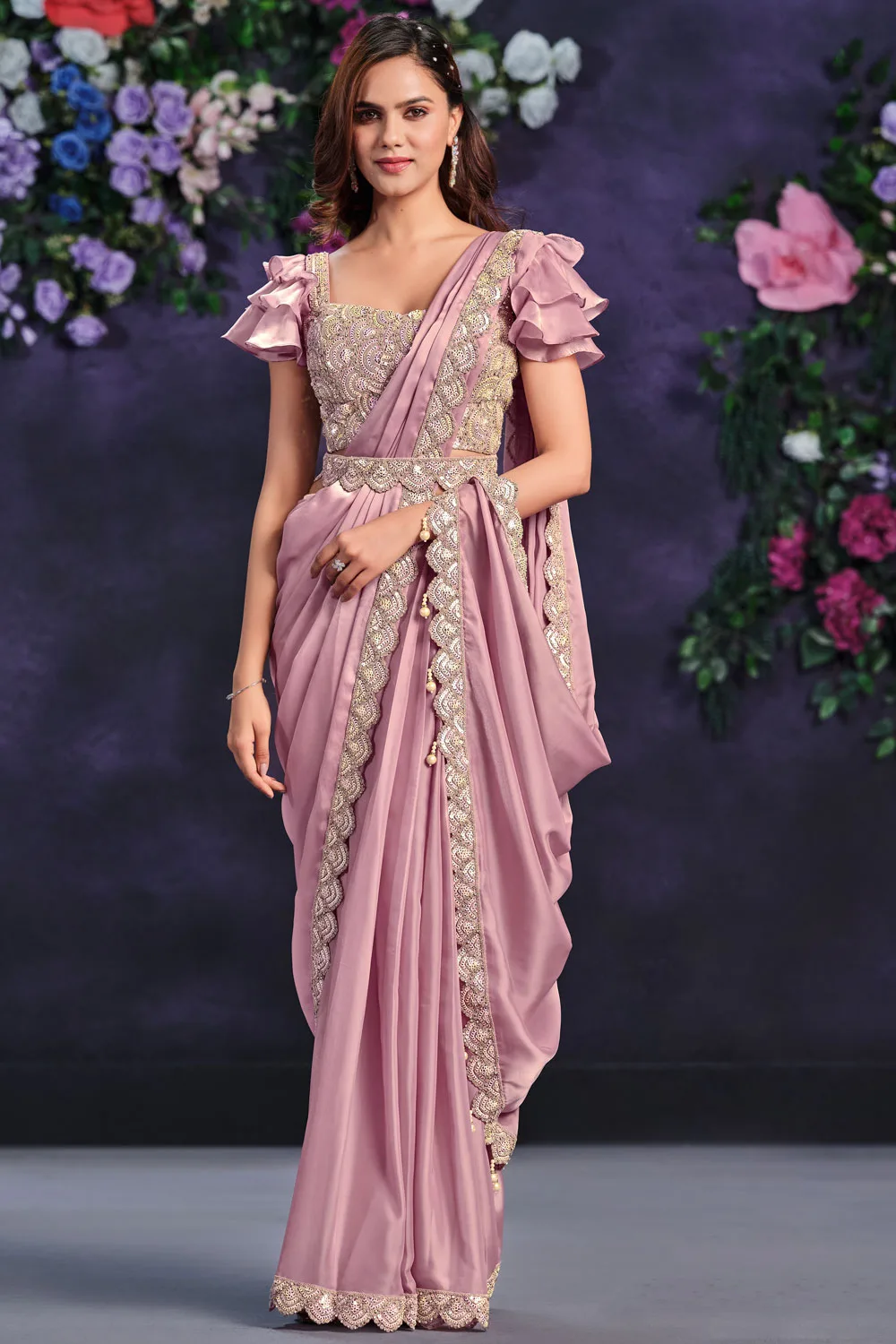 Blushing Pink Crepe Satin Saree with Satin Silk Blouse: Cord, Sequence, Thread, Stone & Moti Work
