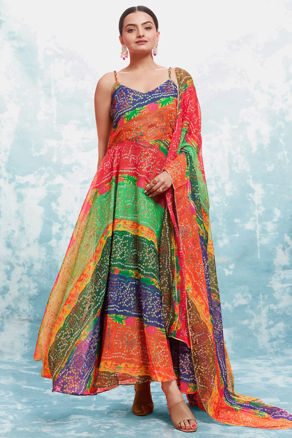 Multicolor Bandhani Anarkali Suit with Flowing Dupatta