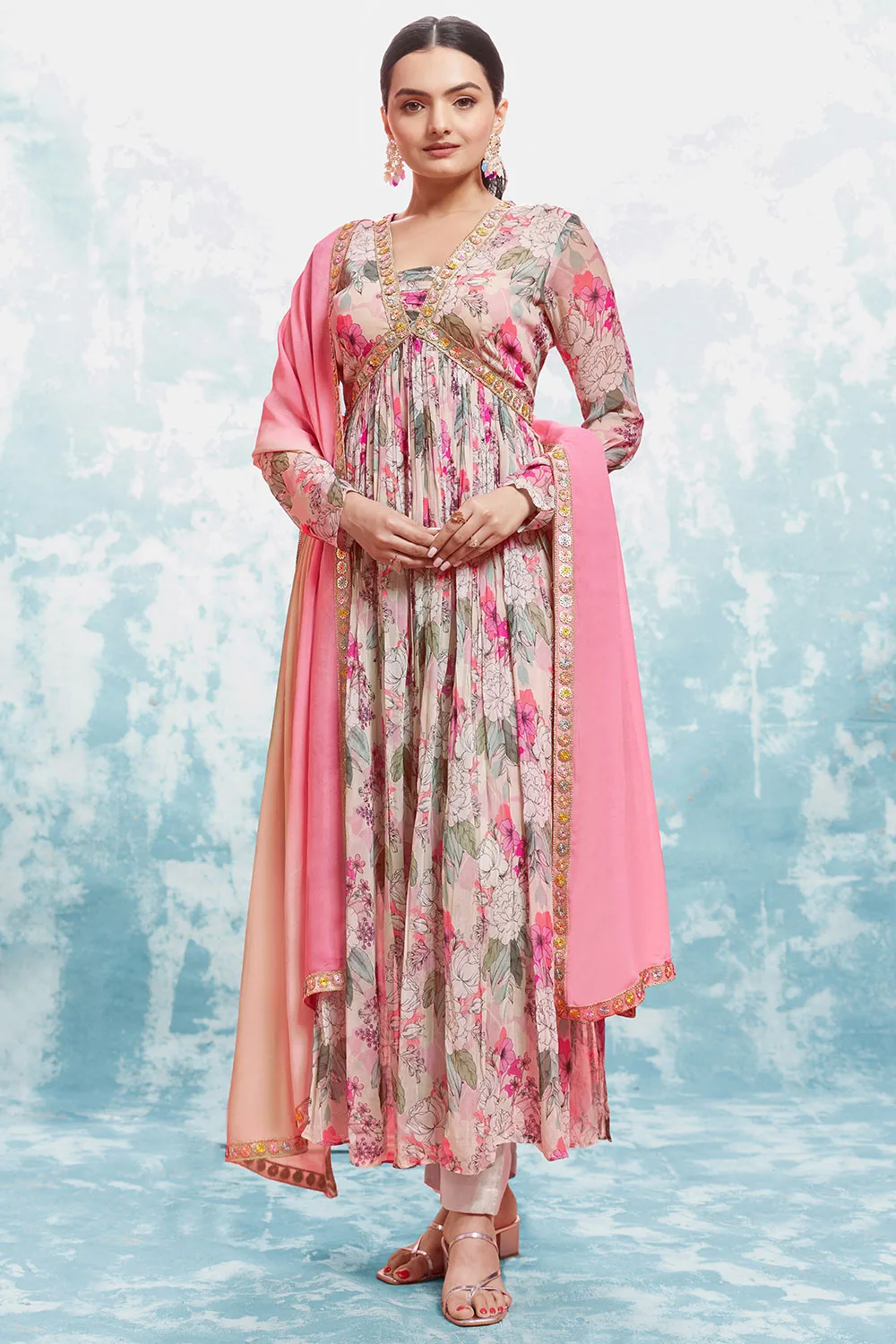 Blushing Pink Bandhani Embroidered Anarkali Suit in Georgette