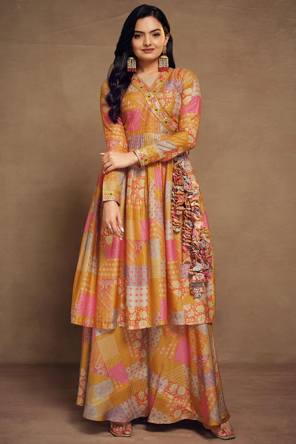 Mustard Muslin Palazzo Suit: Printed with Embroidery, Includes Top and Palazzo