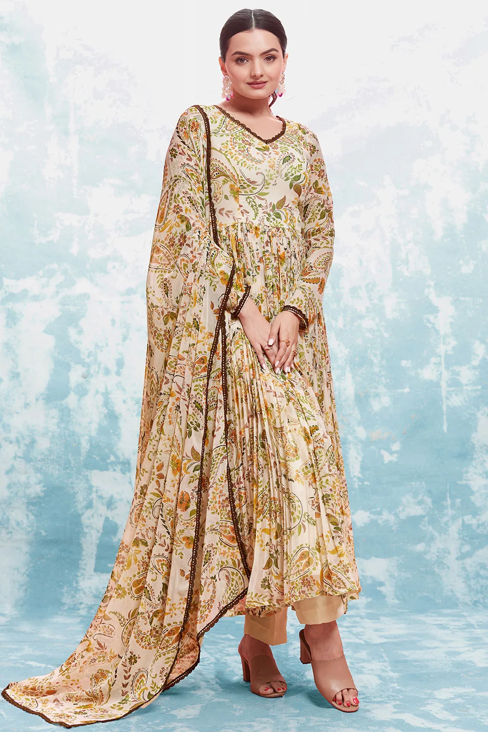 Cream Floral Georgette Anarkali Suit with Dupatta