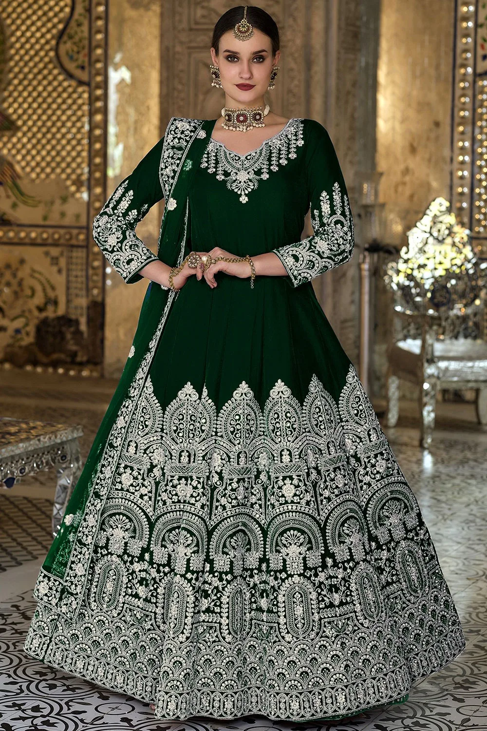 Green Velvet Anarkali Suit with Intricate Embroidery, Butterfly Net Dupatta, and Santoon Bottom