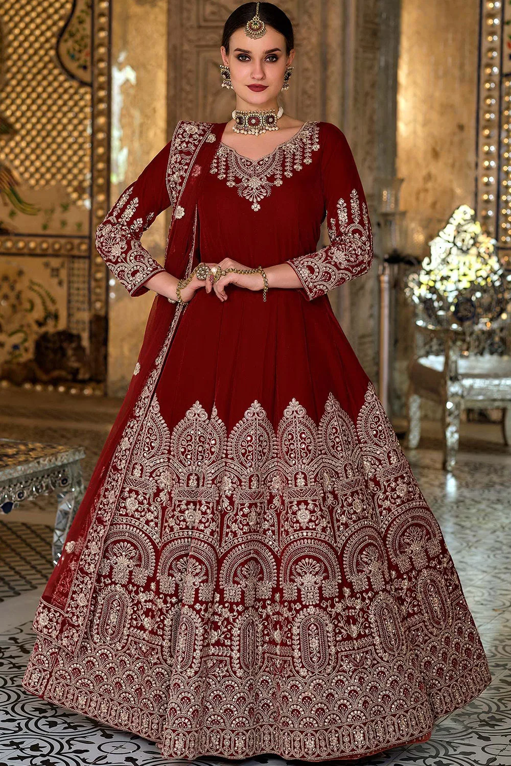 Red Velvet Anarkali Suit with Intricate Embroidery, Butterfly Net Dupatta, and Santoon Bottom