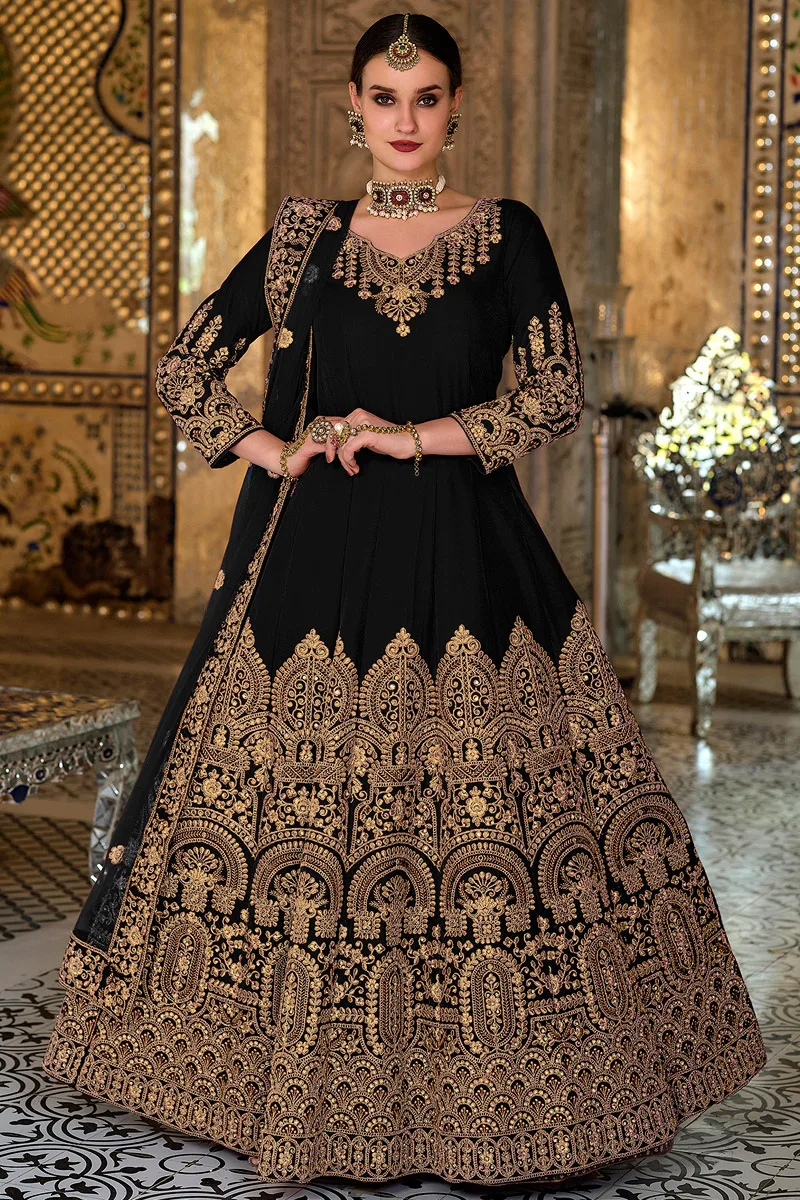 Black Velvet Anarkali Suit with Intricate Embroidery, Butterfly Net Dupatta, and Santoon Bottom