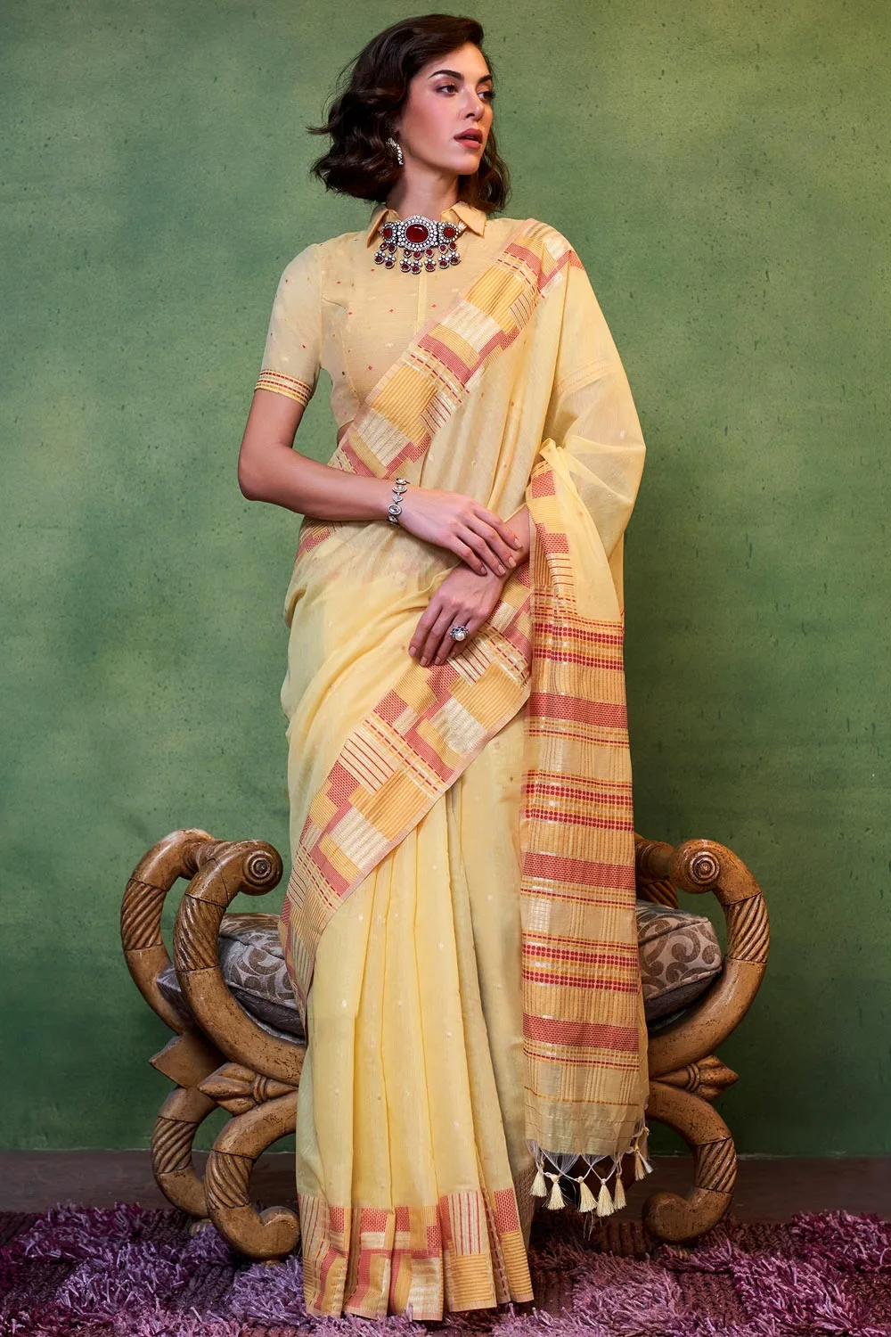 Radiant Yellow Cotton Silk Saree for Mehendi Function: With Brocade Blouse