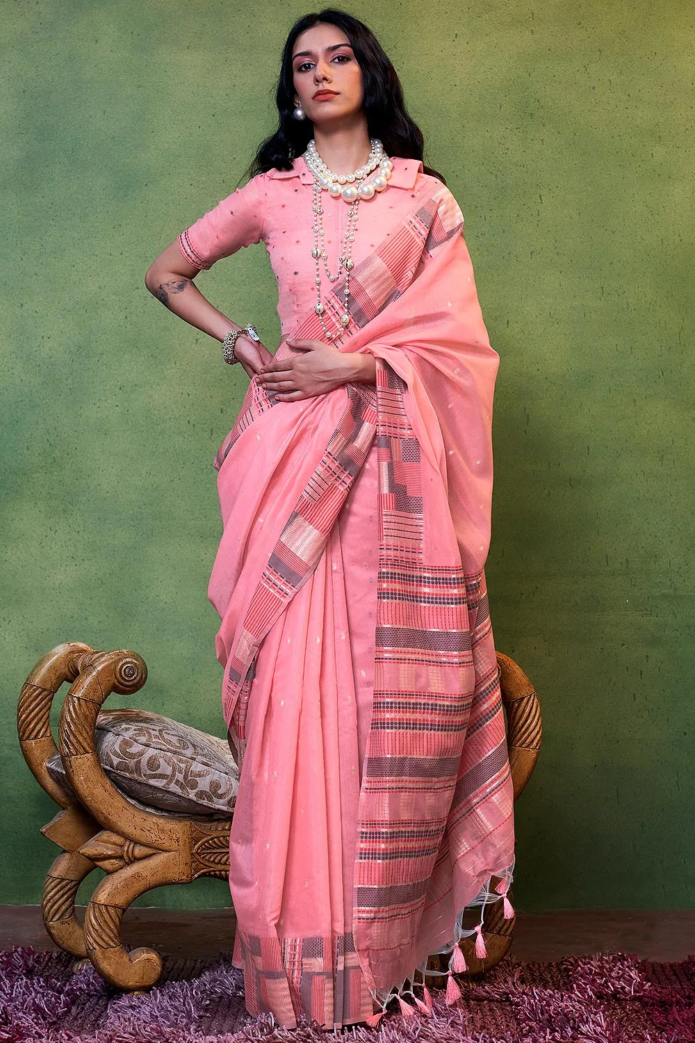 Pretty in Pink: Handwoven Pink Cotton Silk Saree with Brocade Blouse