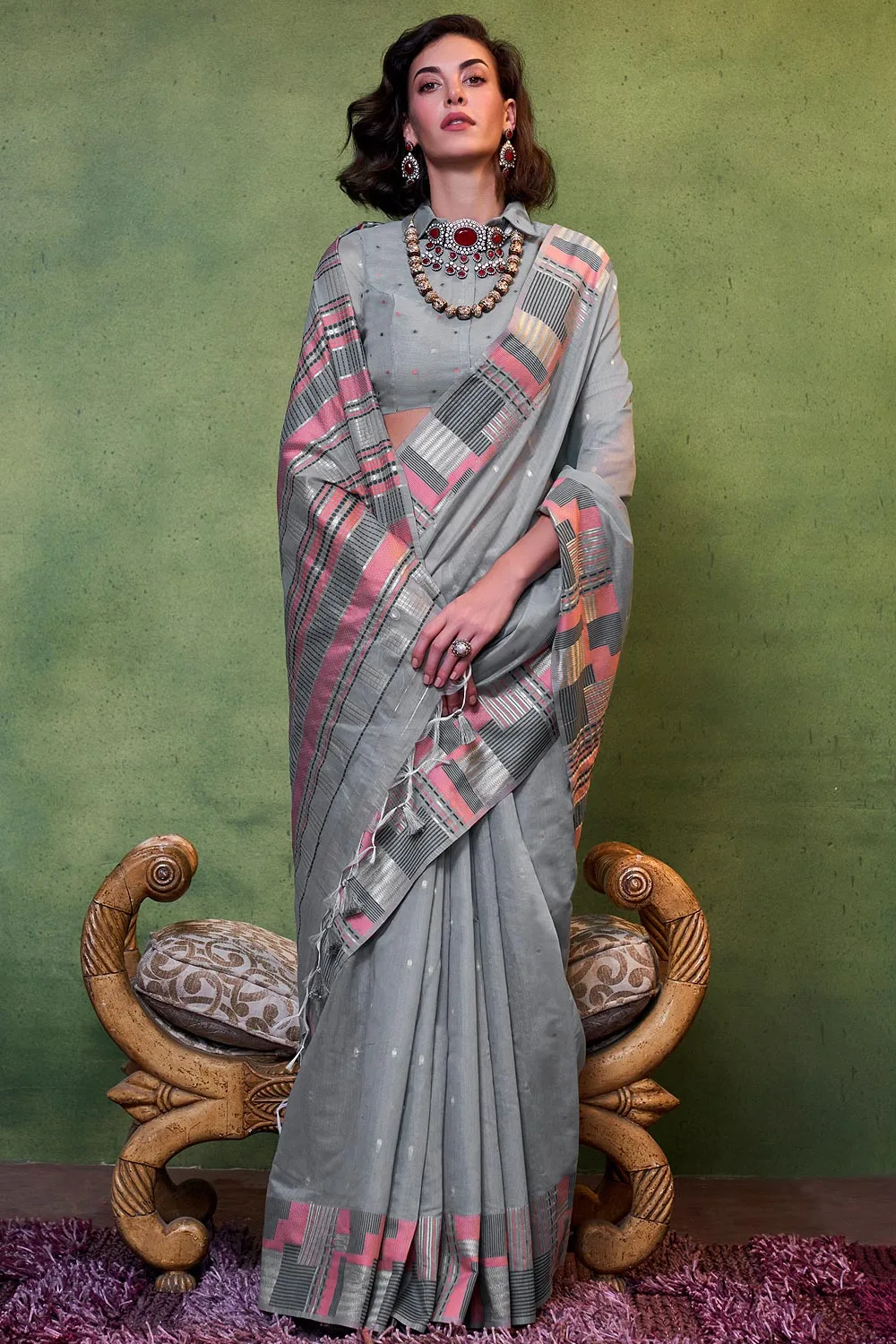 Sophisticated Grey Cotton Silk Saree with Brocade Blouse
