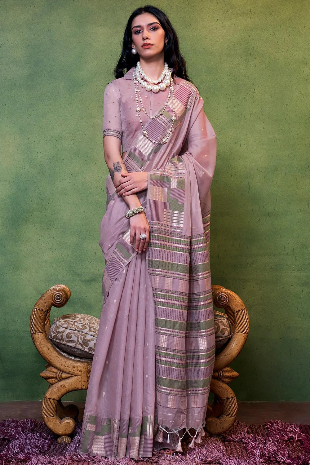 Chic Dusty Pink Cotton Silk Saree with Brocade Blouse