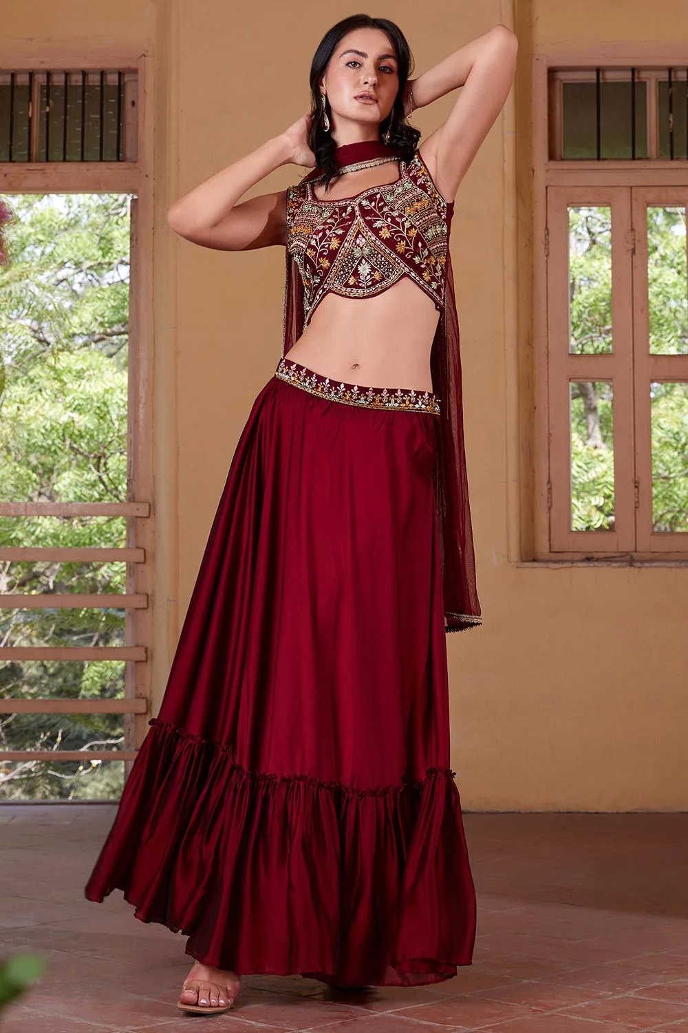 Sparkling Wine Dreams: Embroidered Georgette Indo-Western Lehenga in a Maroon Color