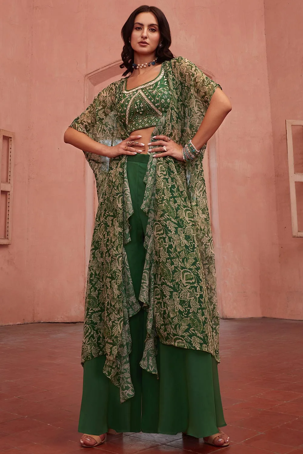 Green Dream – The Embroidered Georgette Indo-Western Lehenga with Jacket