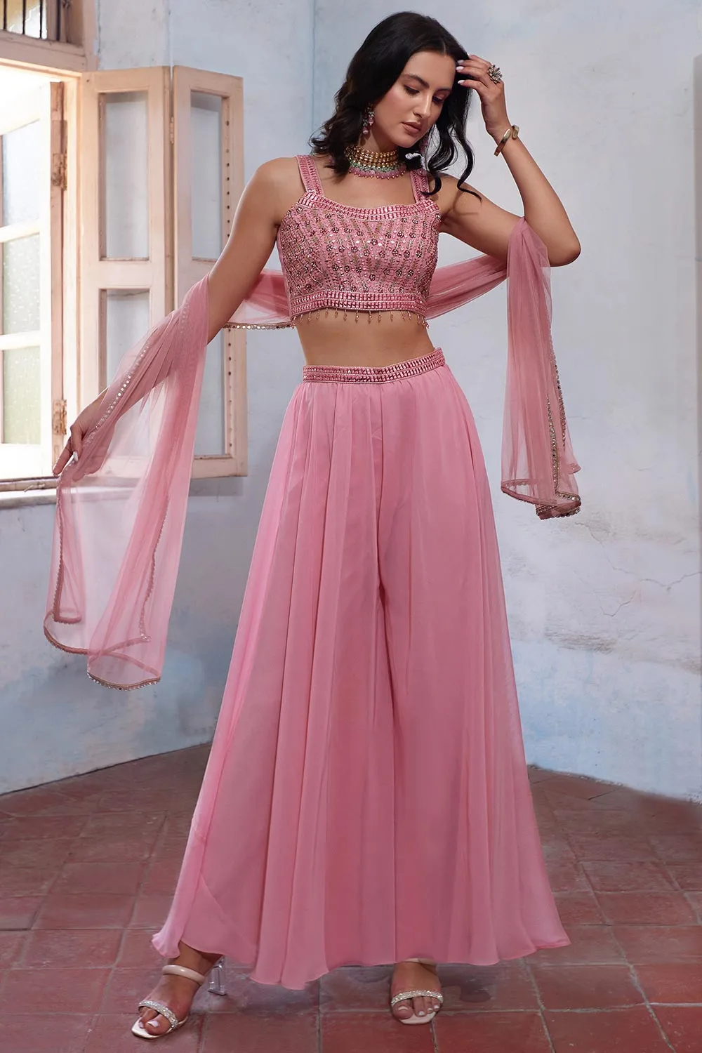 Sparkling in Pink: Embroidered Georgette Lehenga with Shimmering Details