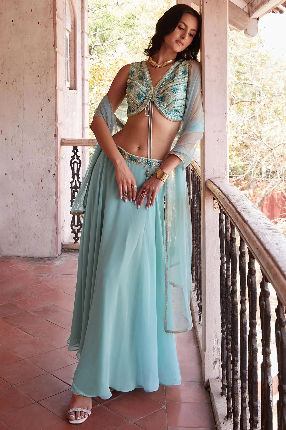 Sky Blue Enchantment: Embroidered Georgette Indo-Western Attire