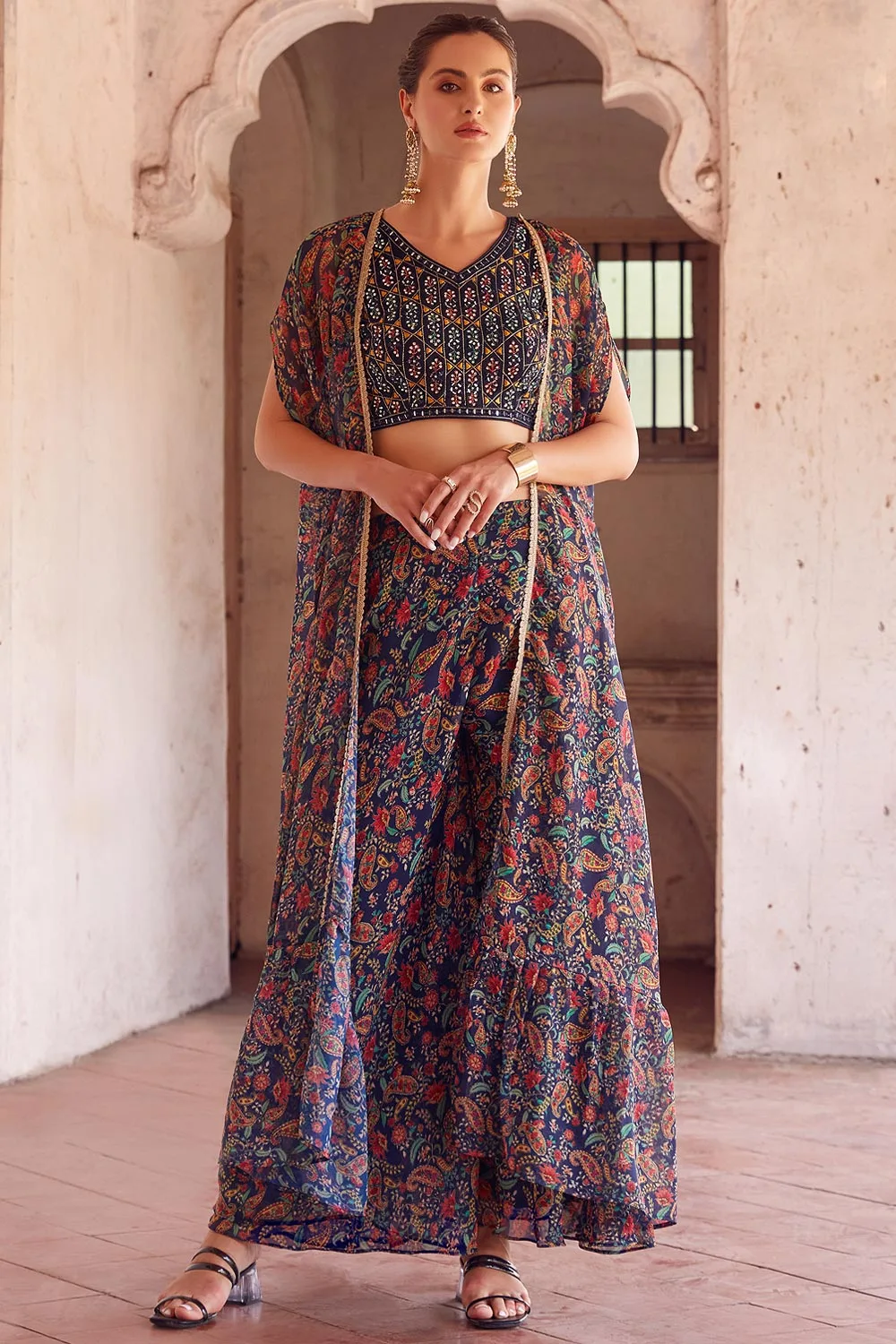 Embrace Sophistication: The Embroidered Navy Blue Georgette Indo-Western Dress with Jacket