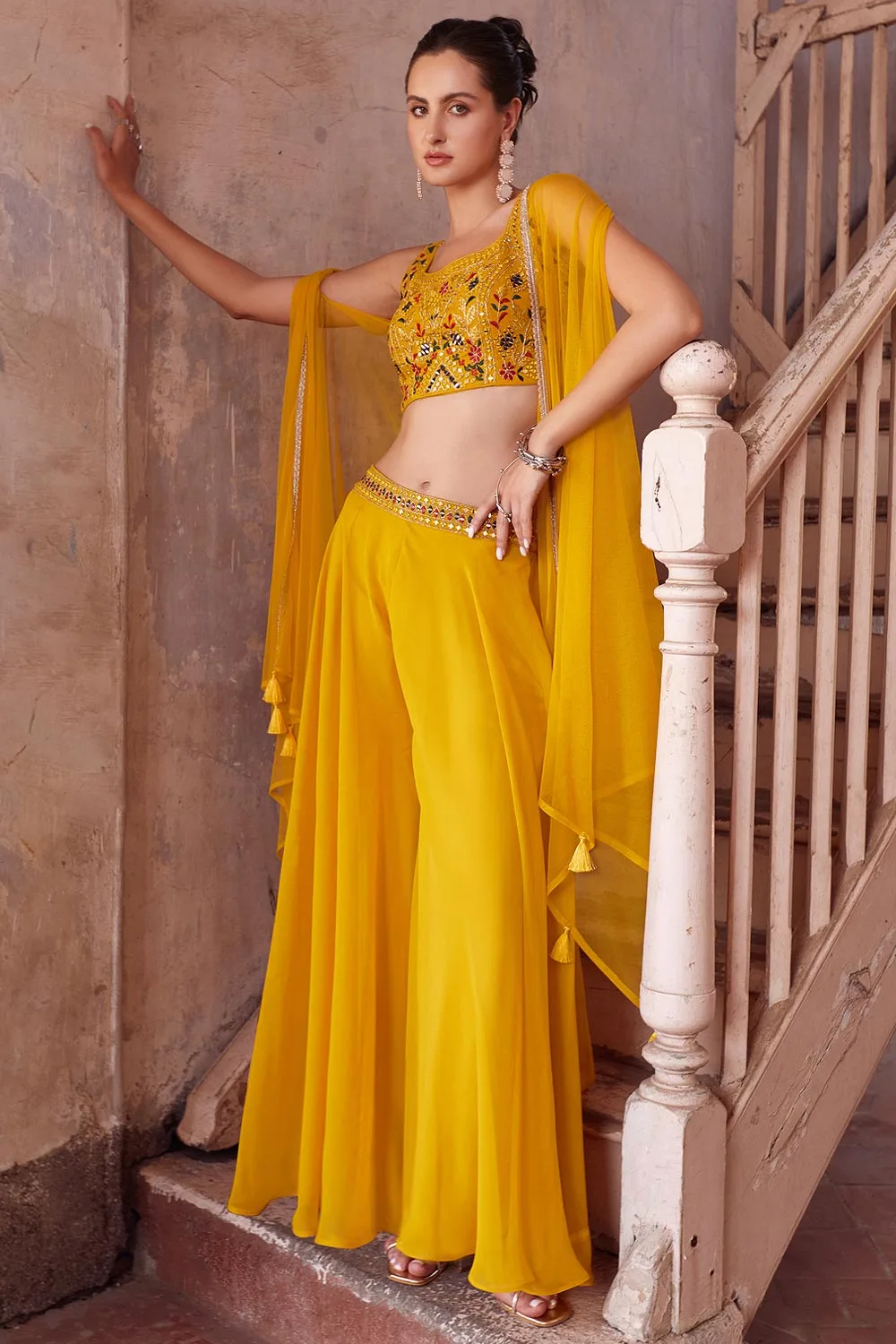 The Perfect Mehendi Muse: Embroidered Georgette Sharara Suit in Sunshine Yellow