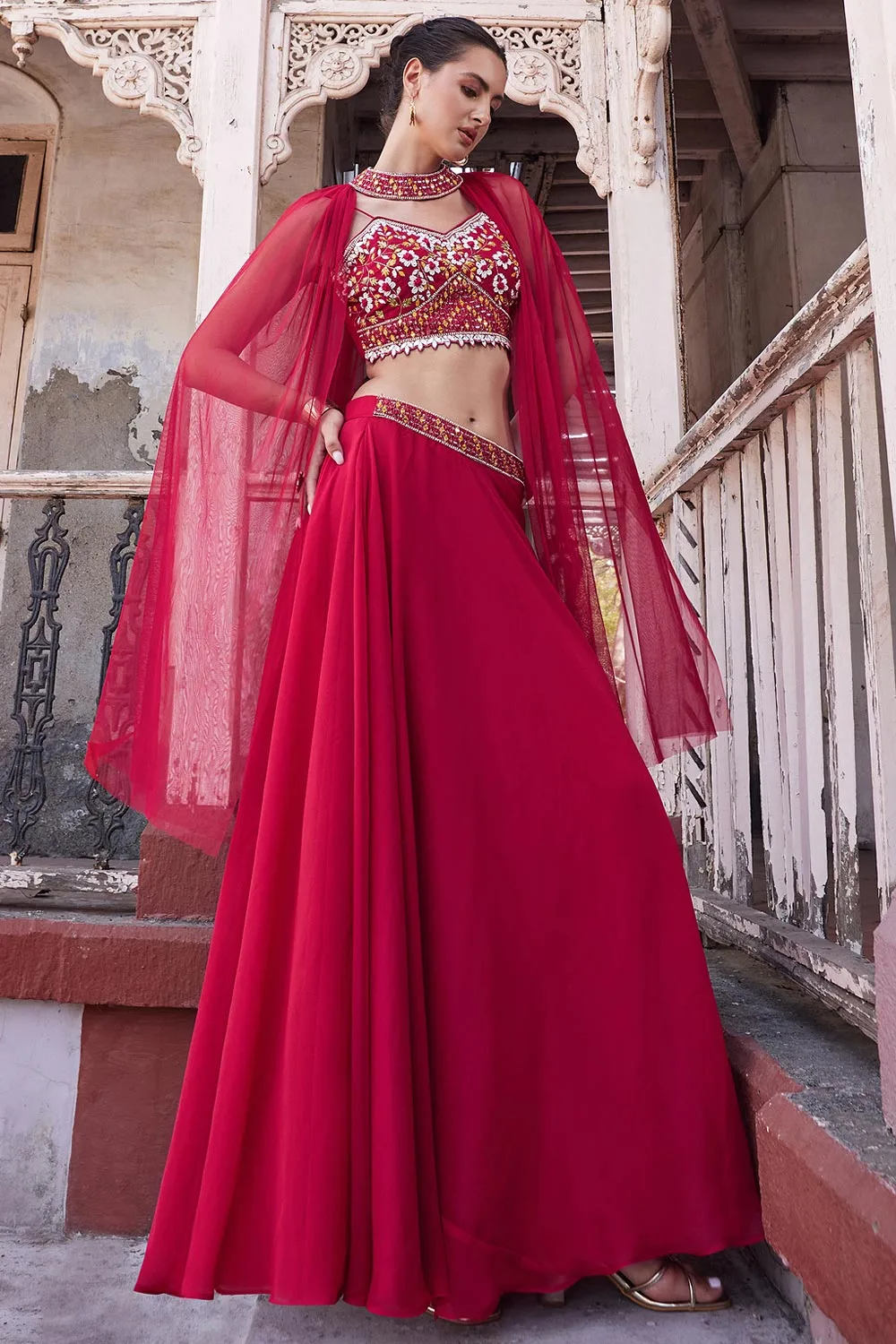 Fiery Elegance: The Embroidered Red Georgette Indo-Western Dress from Khaish
