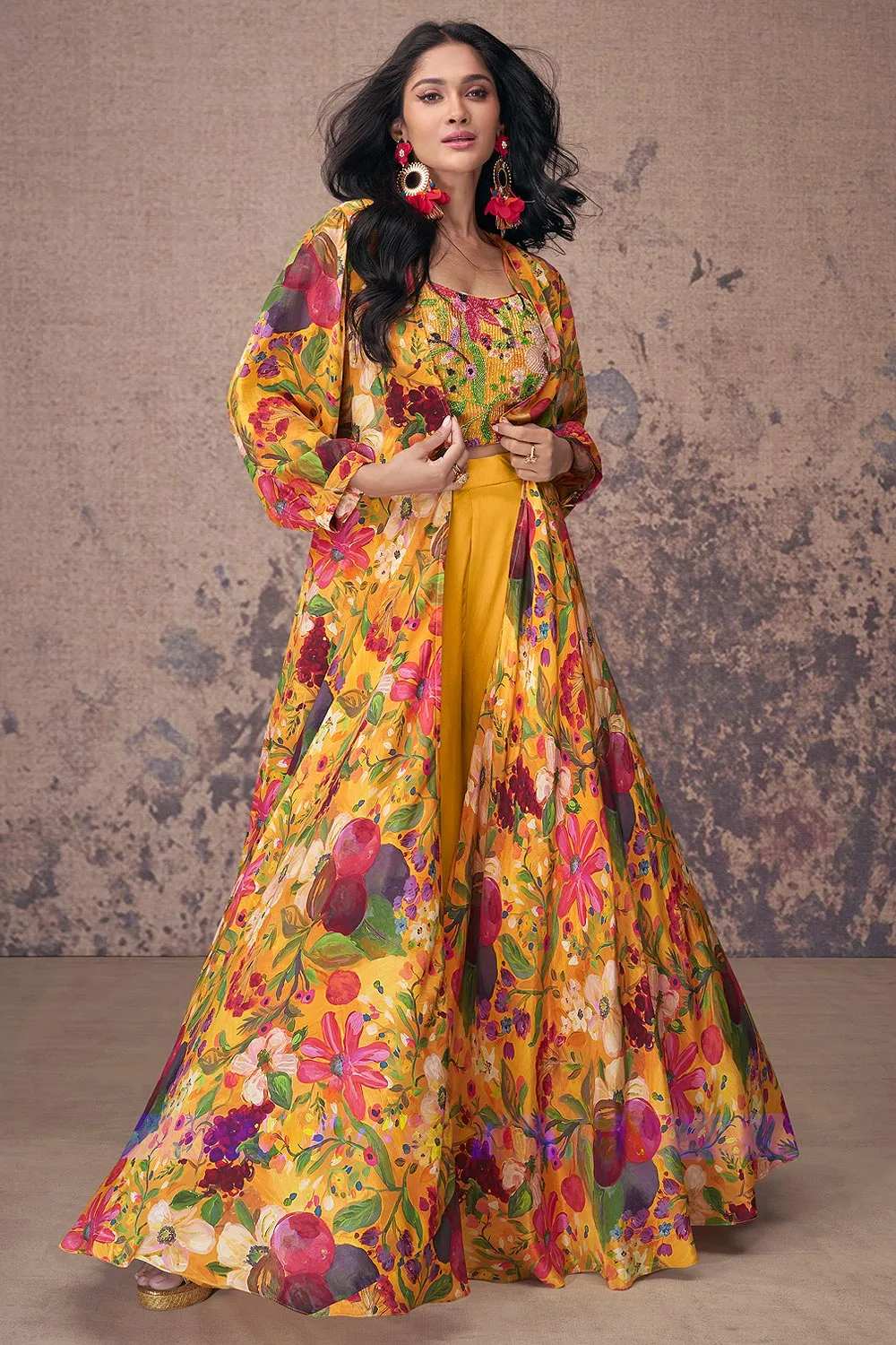 Mustard French Crepe Silk Indo-Western Floral Dress with Flowing Palazzo Pants