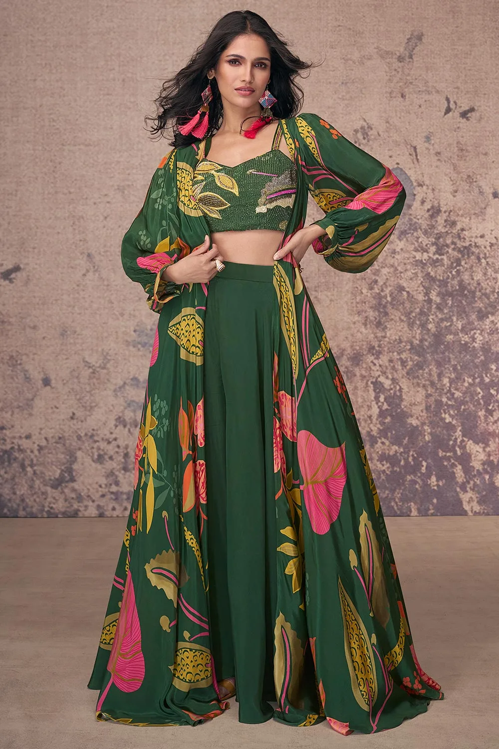 Green French Crepe Silk Indo-Western Floral Dress with Flowing Palazzo Pants
