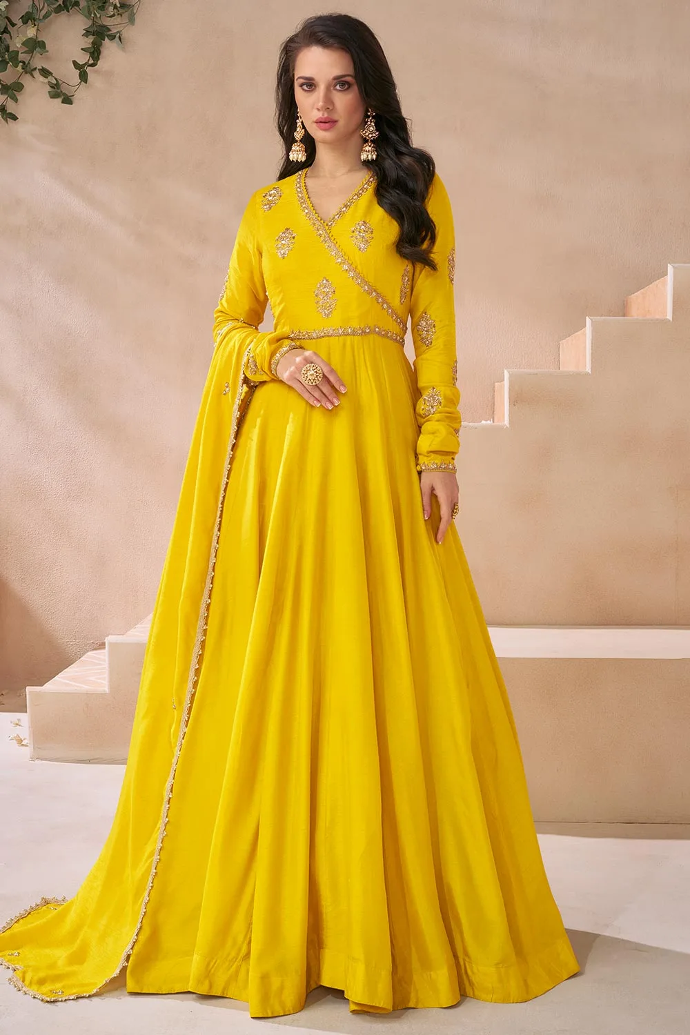 Sunshine Radiance: Yellow Premium Silk Embroidered Anarkali Suit Ensemble for Mehendi Function