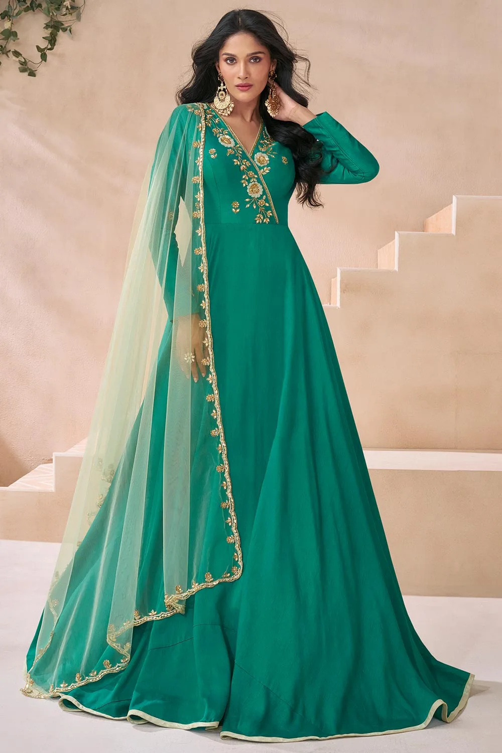 Green Premium Silk Embroidered Anarkali Suit with Dupatta