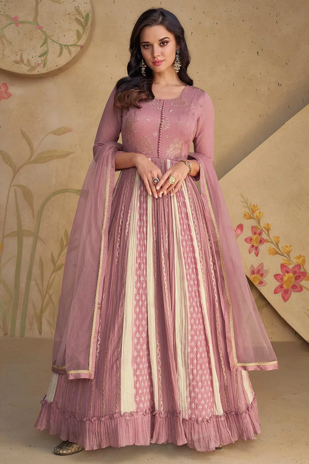 Royal Georgette Anarkali in Blush Pink with Flowing Net Dupatta