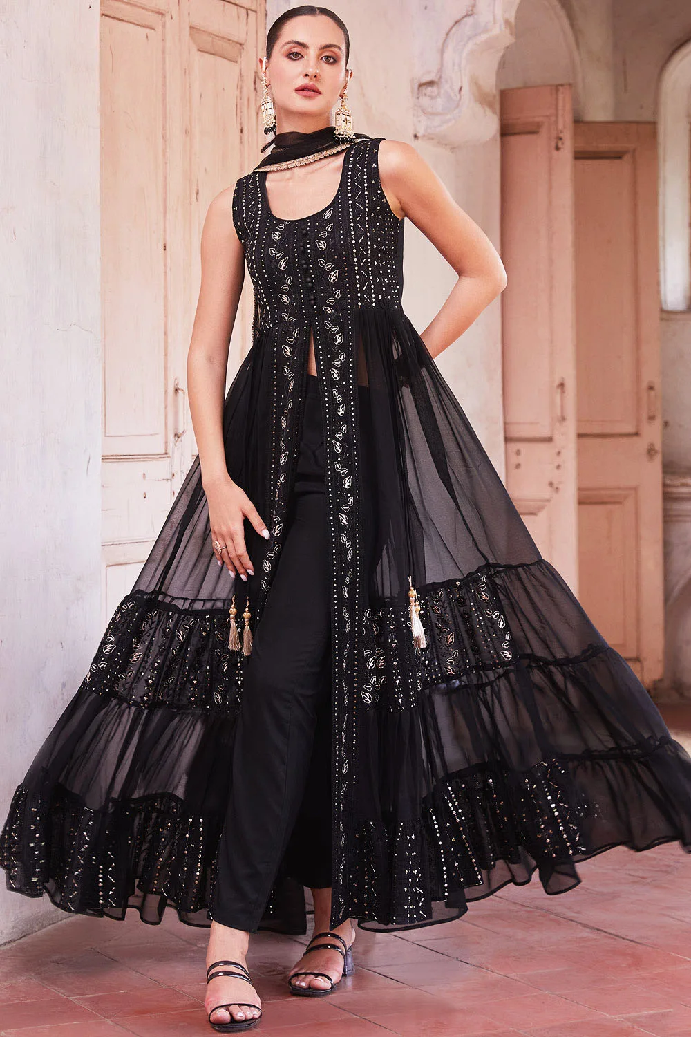 Elegant Black Indo-Western Anarkali Suit with Exquisite Embroidery and Soft Net Dupatta
