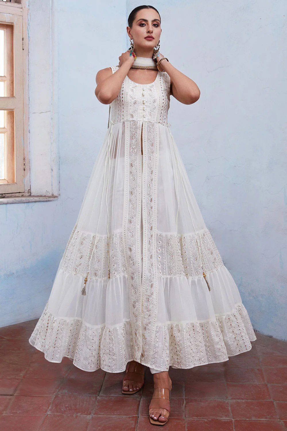 Graceful Off-White Indo-Western Anarkali Suit with Detailed Embroidery and Soft Net Dupatta