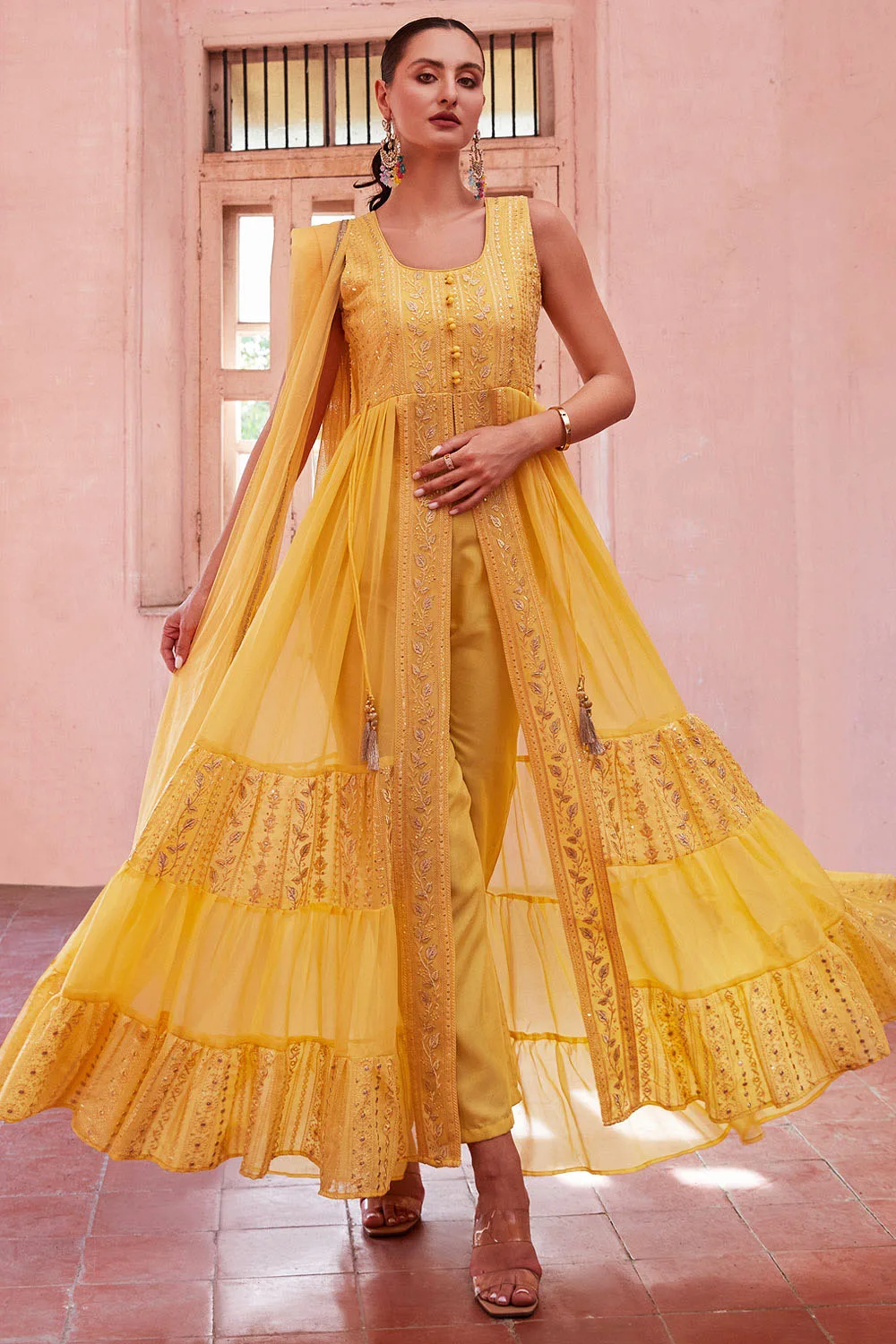 Charming Yellow Indo-Western Anarkali Suit for Mehendi with Intricate Embroidery and Soft Net Dupatta