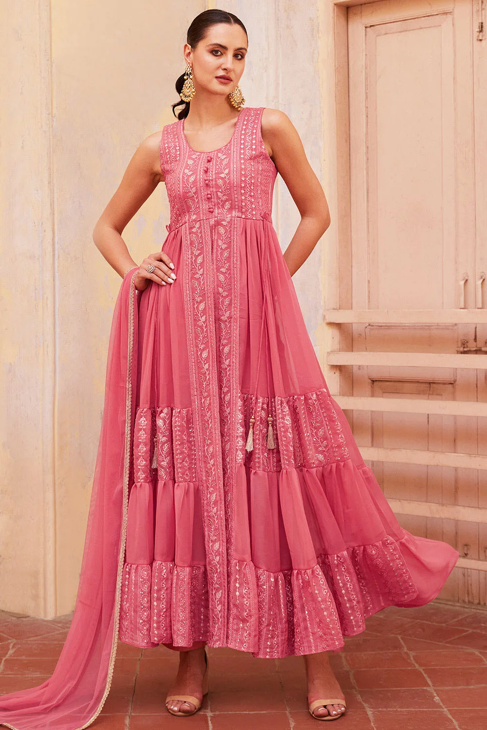 Graceful Pink Indo-Western Anarkali Suit with Detailed Embroidery and Soft Net Dupatta