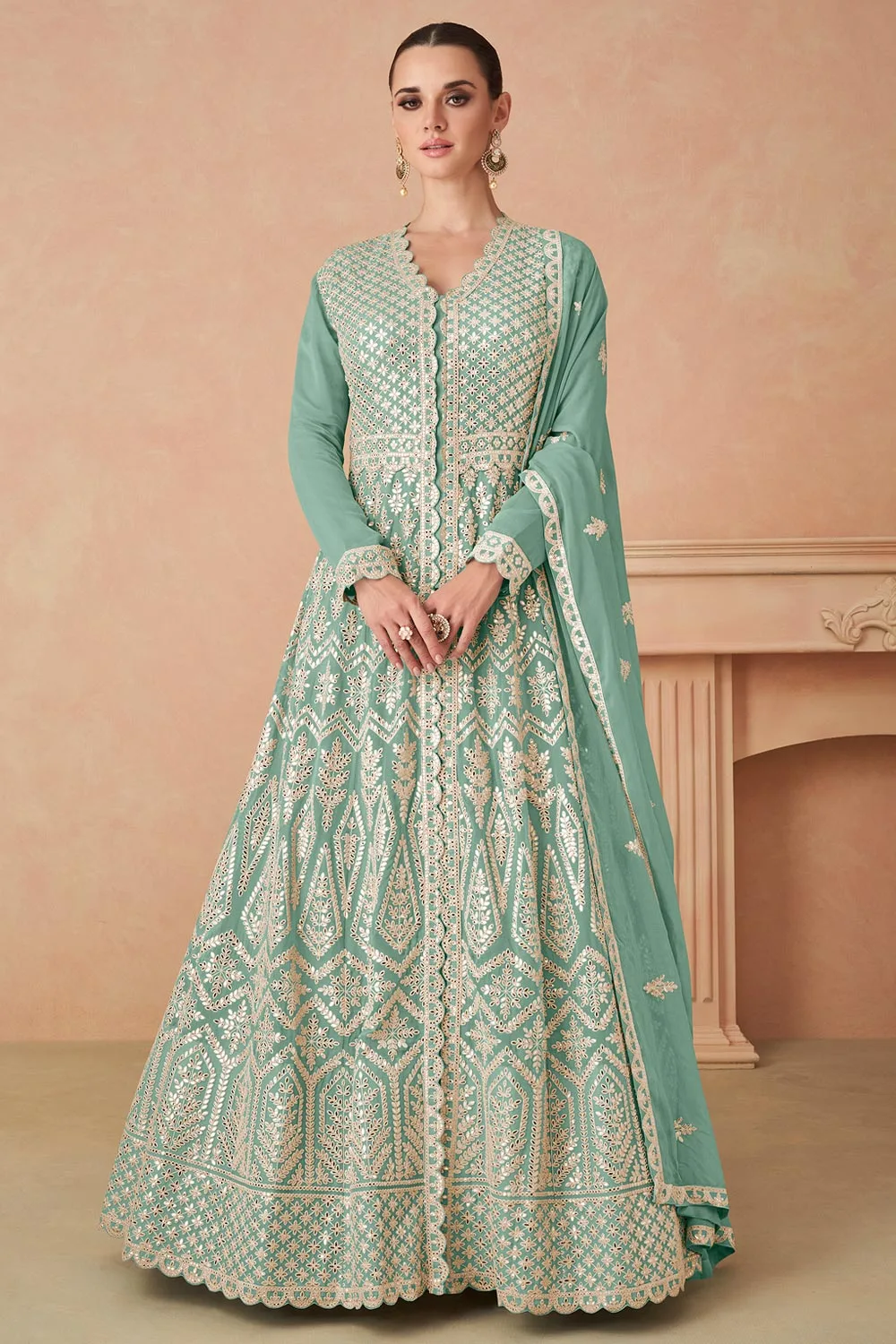 Mint Green Georgette Anarkali Suit with Embroidery Work