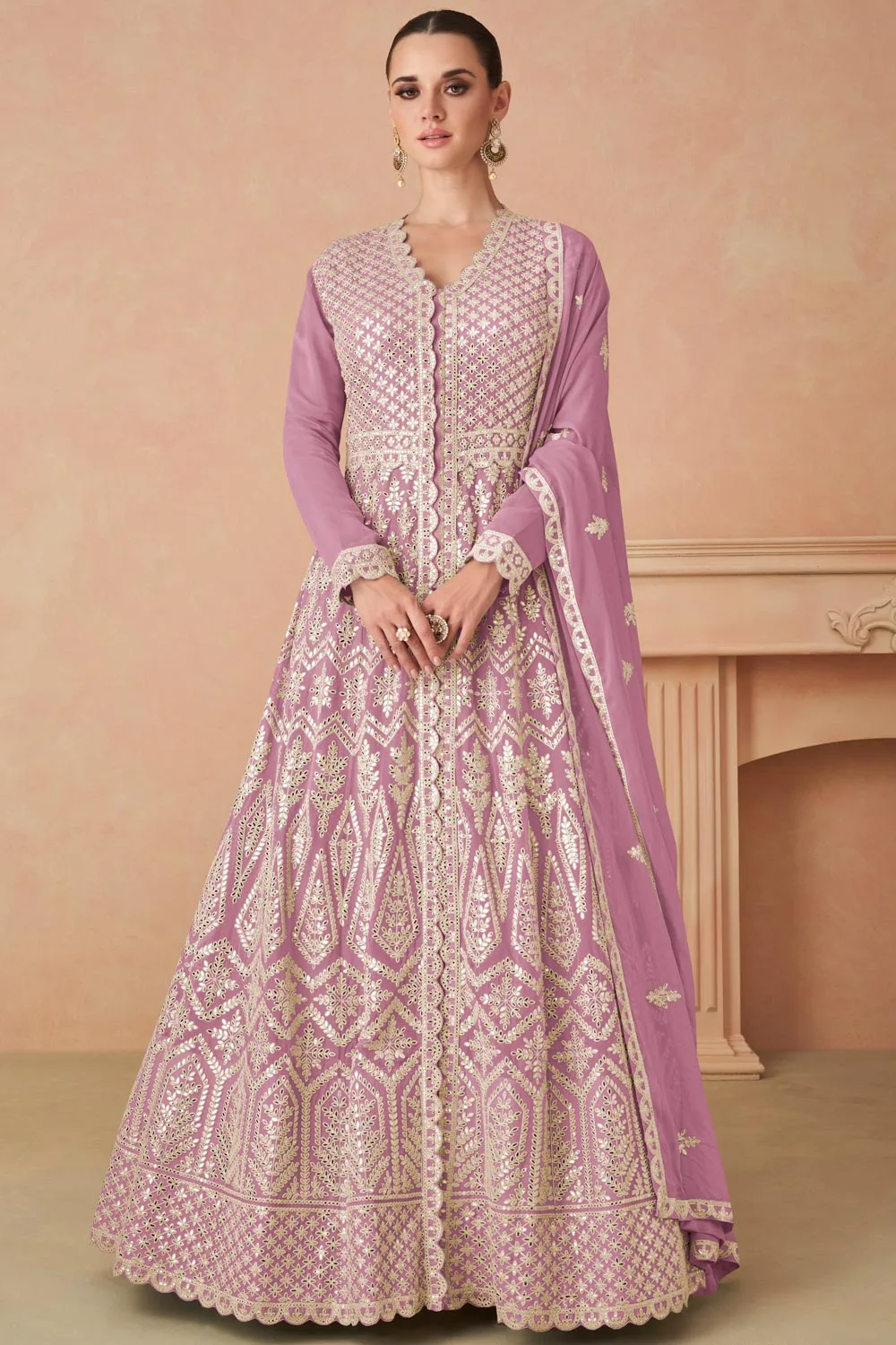Lilac Pink Georgette Anarkali Suit with Exquisite Embroidery Work