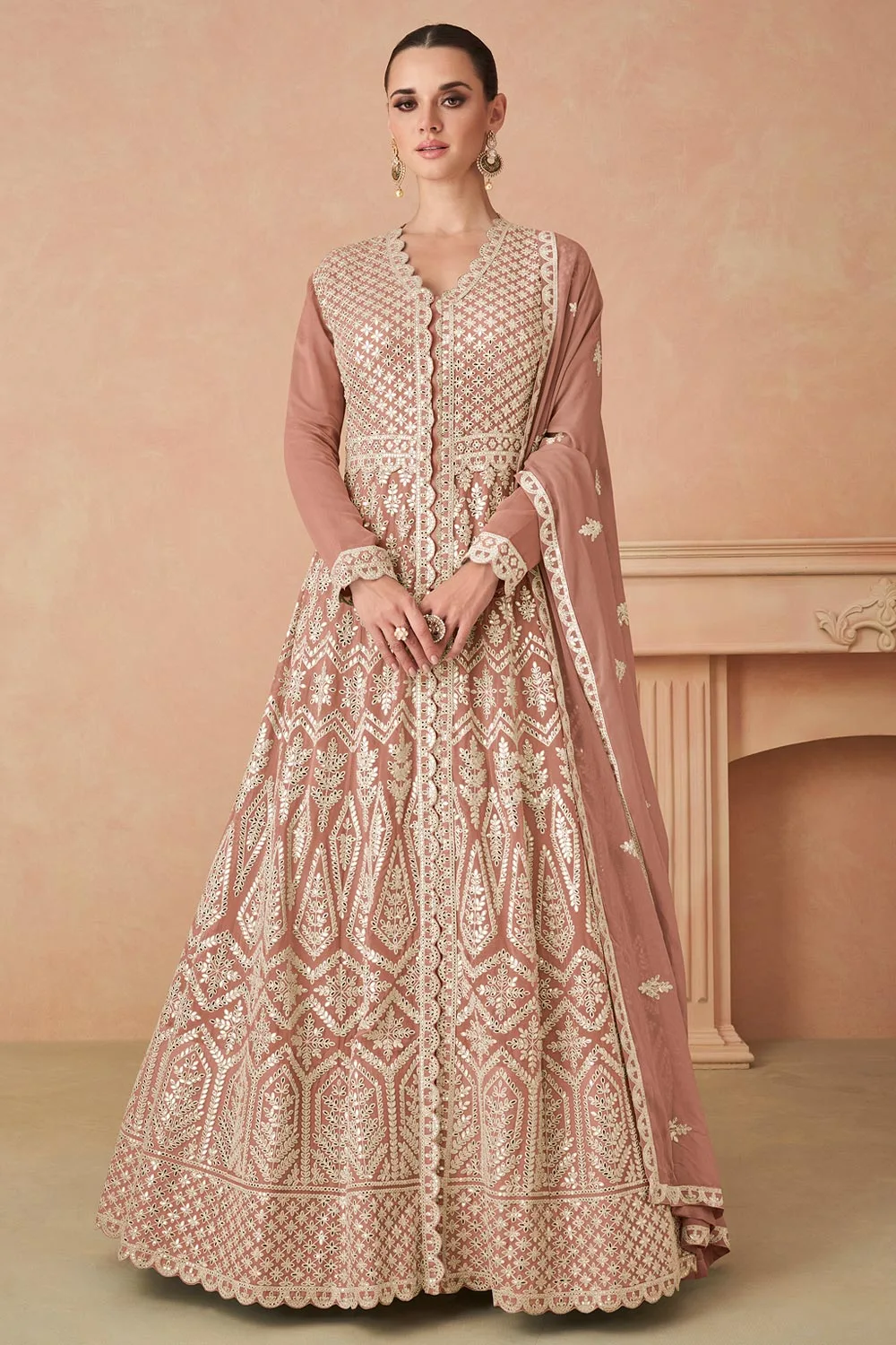 Peach Georgette Anarkali Suit with Exquisite Embroidery Work