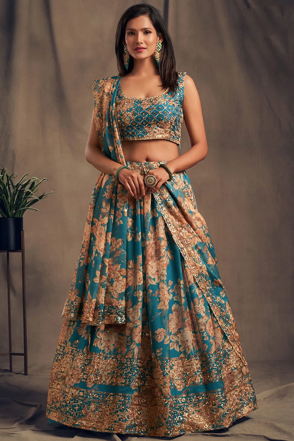 Exquisite Teal Floral Organza Lehenga Choli Set with Sequins Zari Embroidery