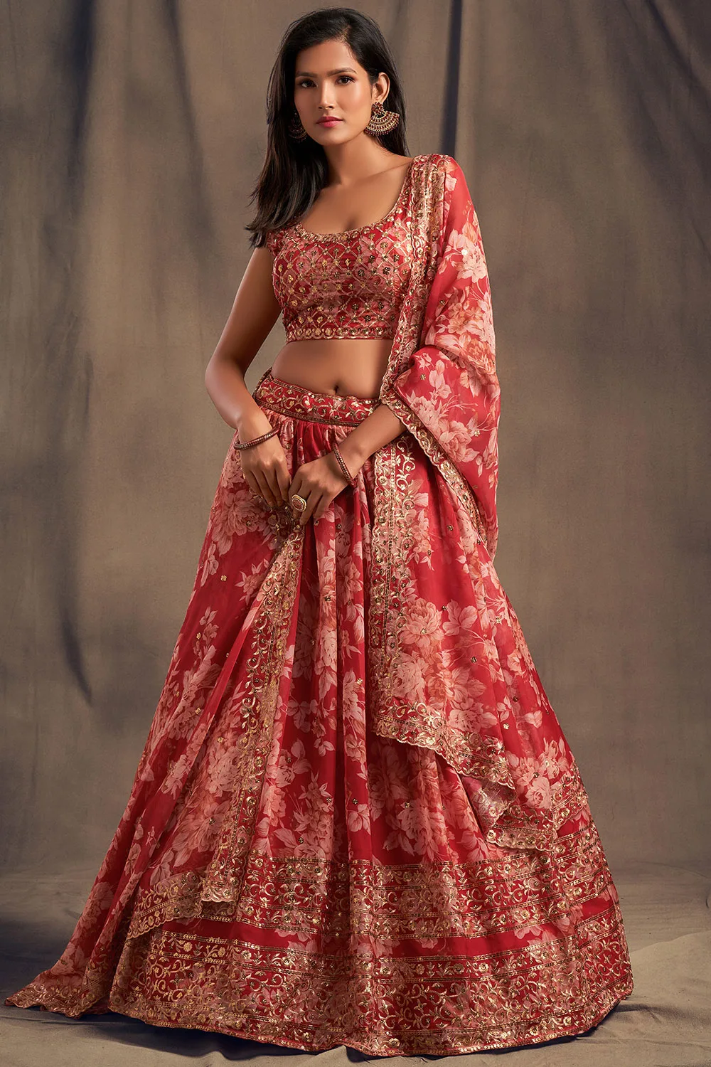 Exquisite Deep Pink Floral Organza Lehenga Choli Set with Sequins Zari Embroidery