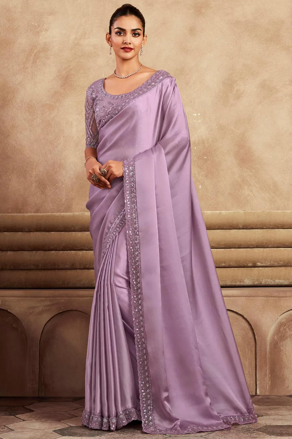 Stunning Purple Embroidered Satin Silk Saree