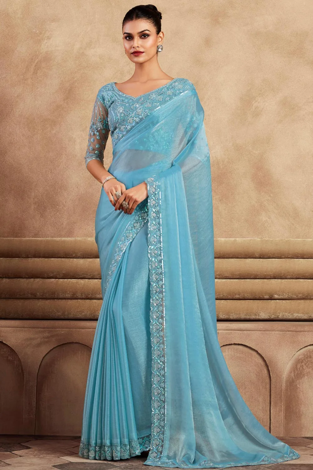 Beautiful Sky Blue Embroidered Satin Silk Saree