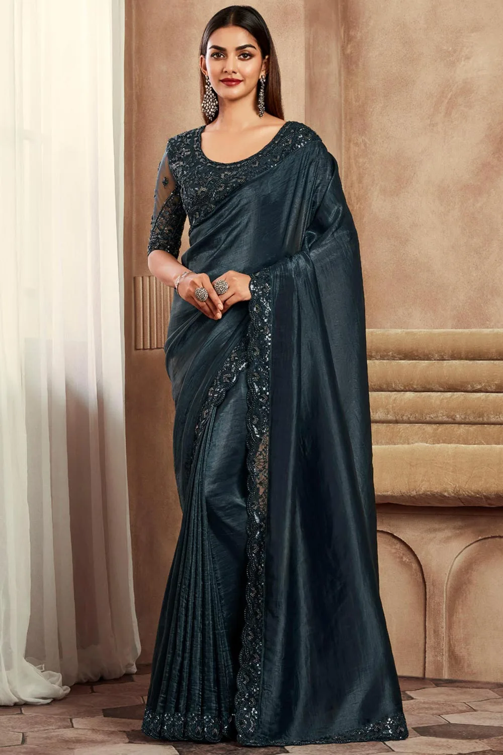 Beautiful Black Embroidered Satin Silk Saree