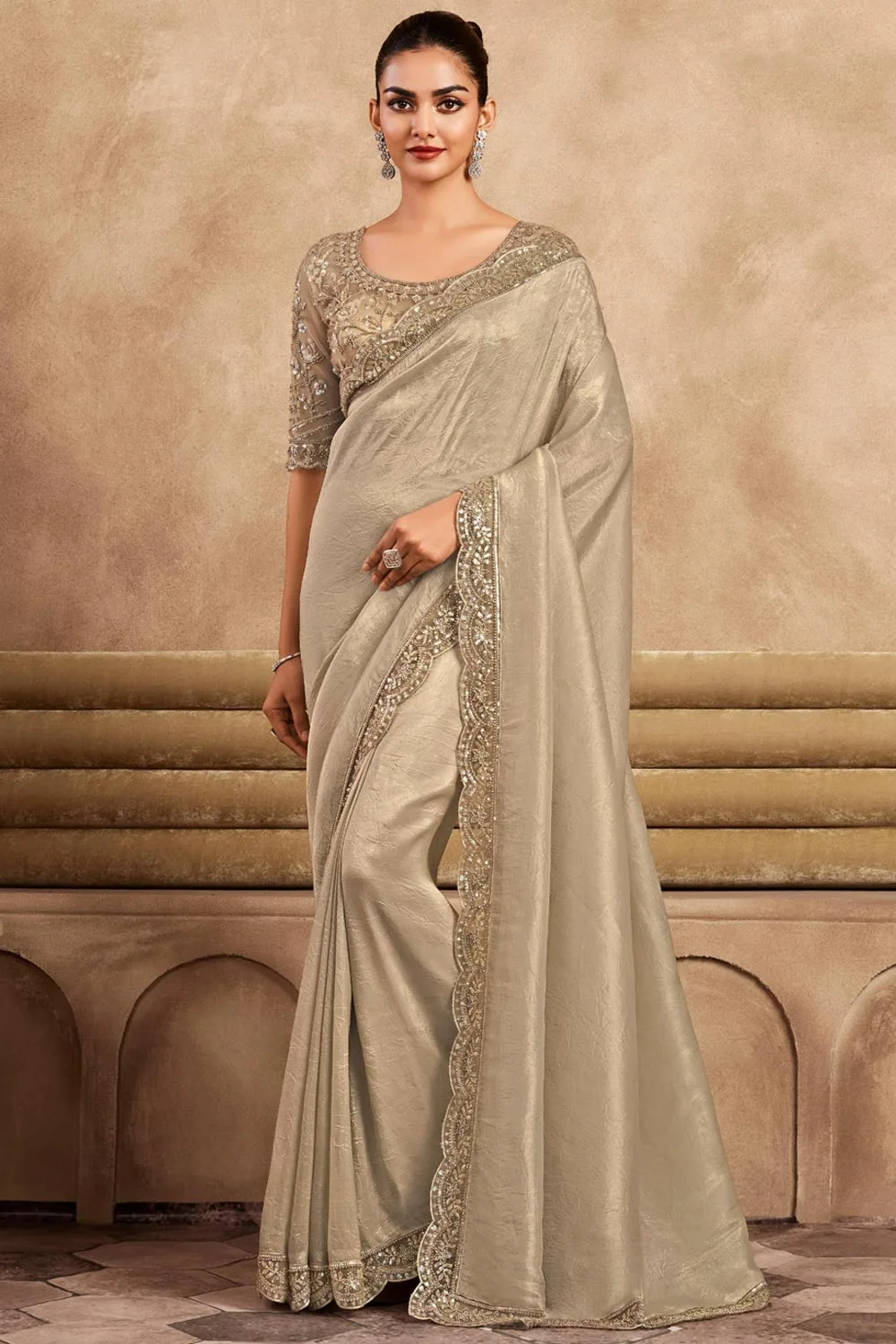 Elegant Beige Embroidered Satin Silk Saree