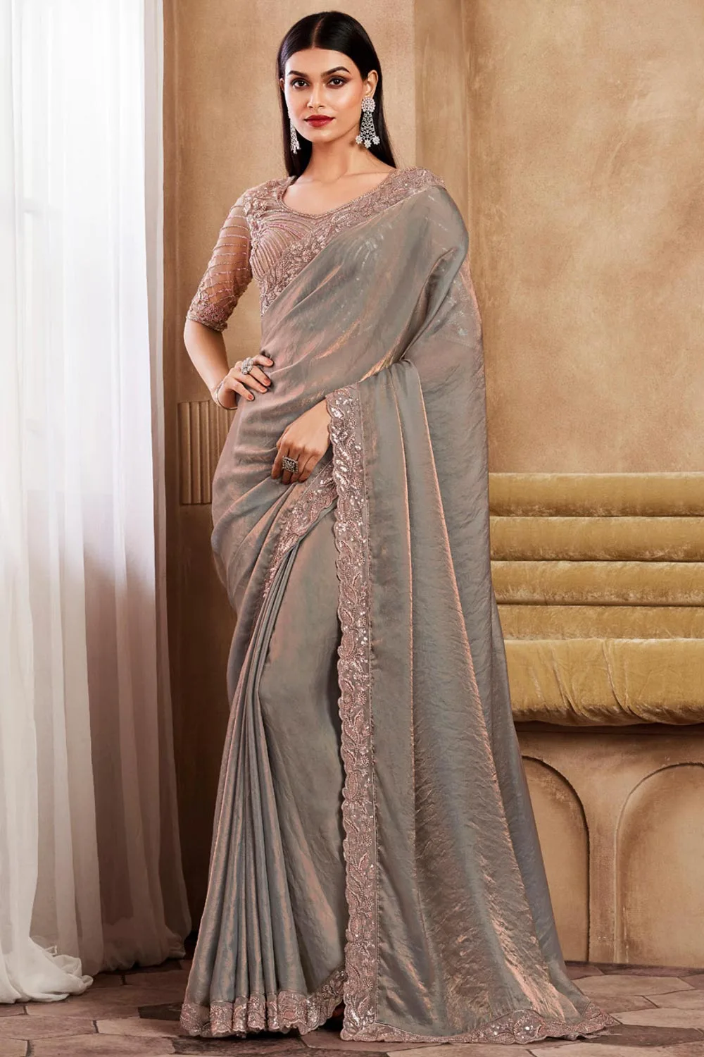 Stunning Brown Embroidered Indo-Western Satin Silk Saree