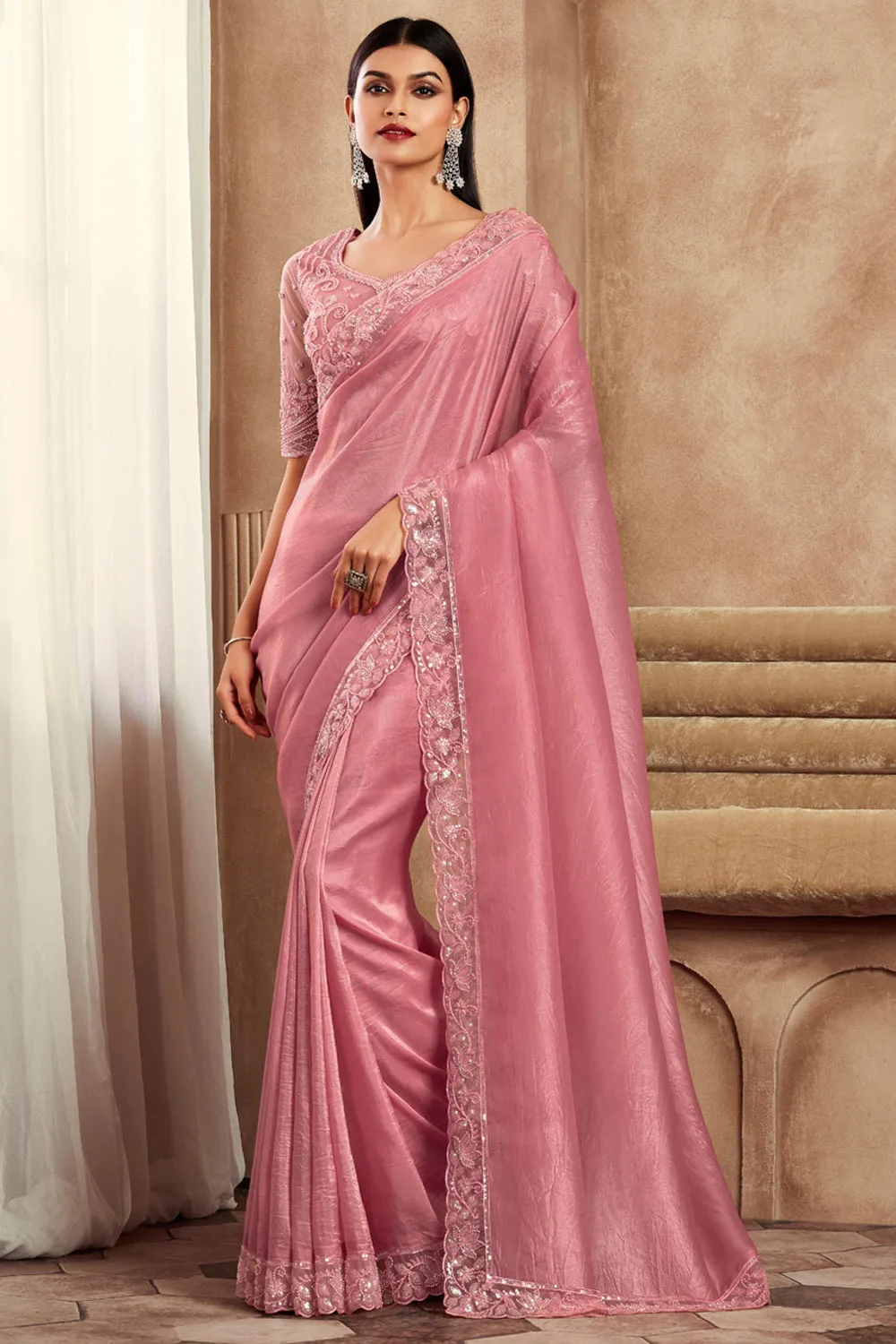Pink Embroidered Indo-Western Satin Silk Saree
