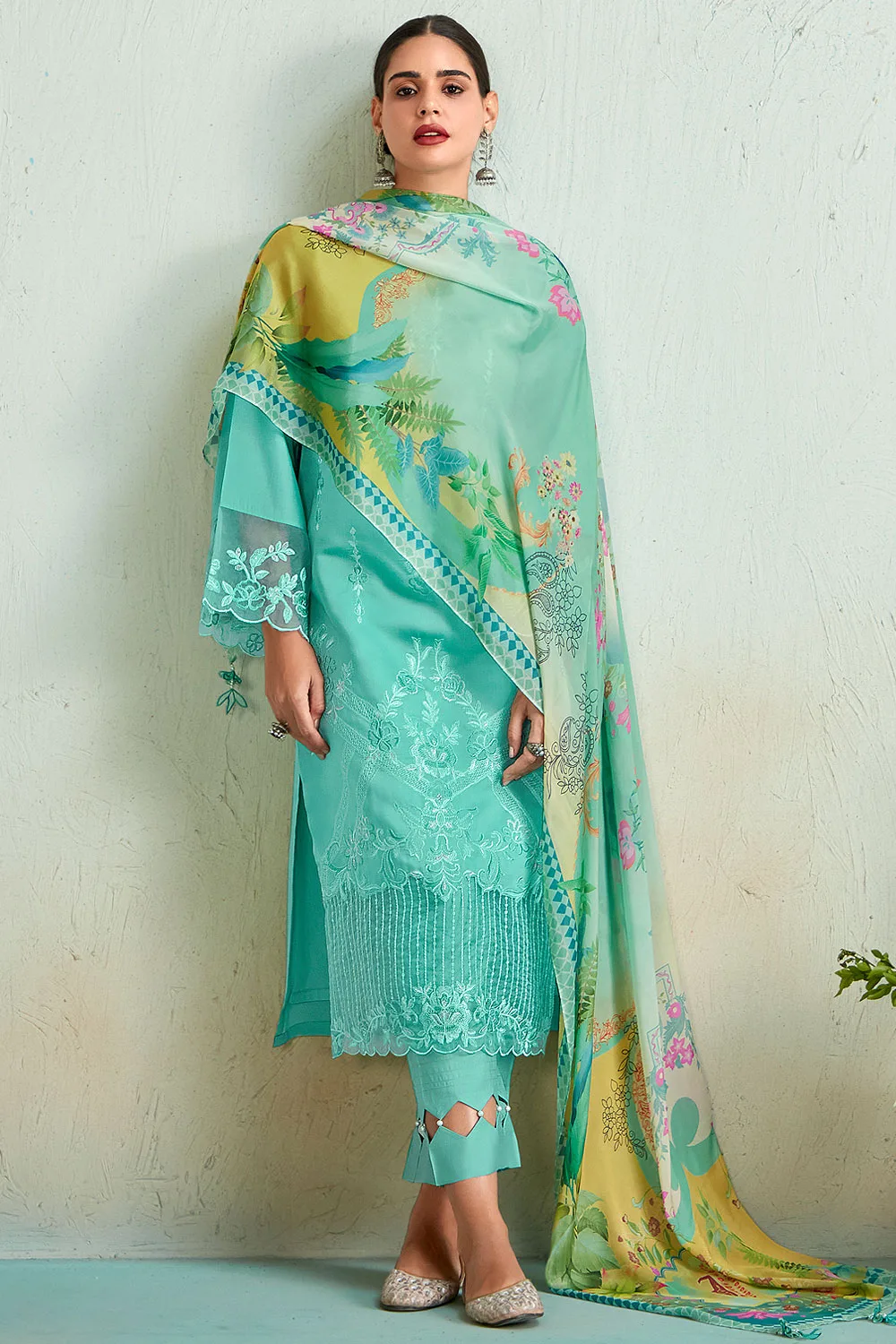 Turquoise Embroidered Pure Muslin Kurta Pant Set with Stunning Digital Print Chinon Dupatta