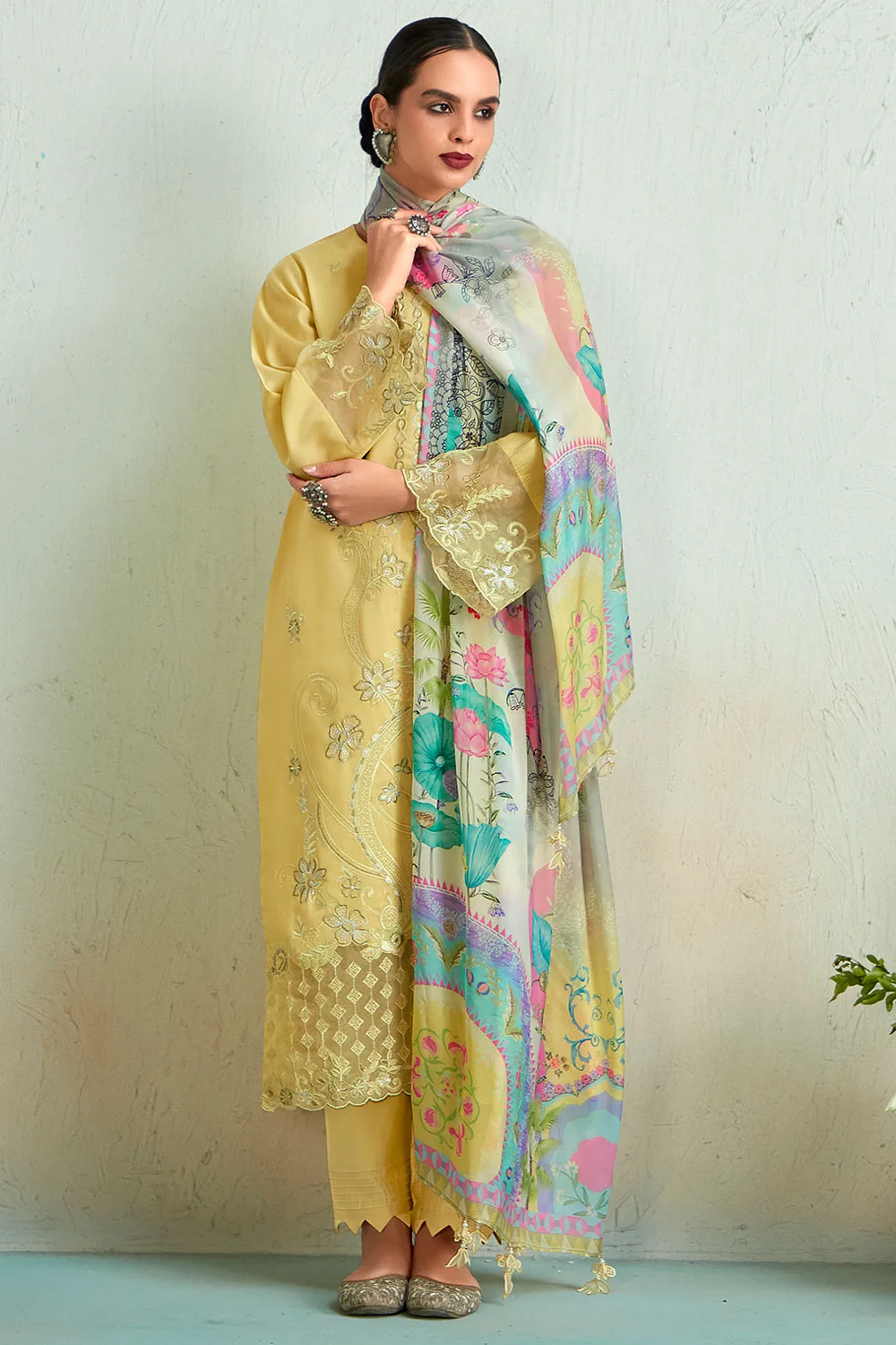 Yellow Embroidered Pure Muslin Kurta Pant Set with Stunning Digital Print Chinon Dupatta