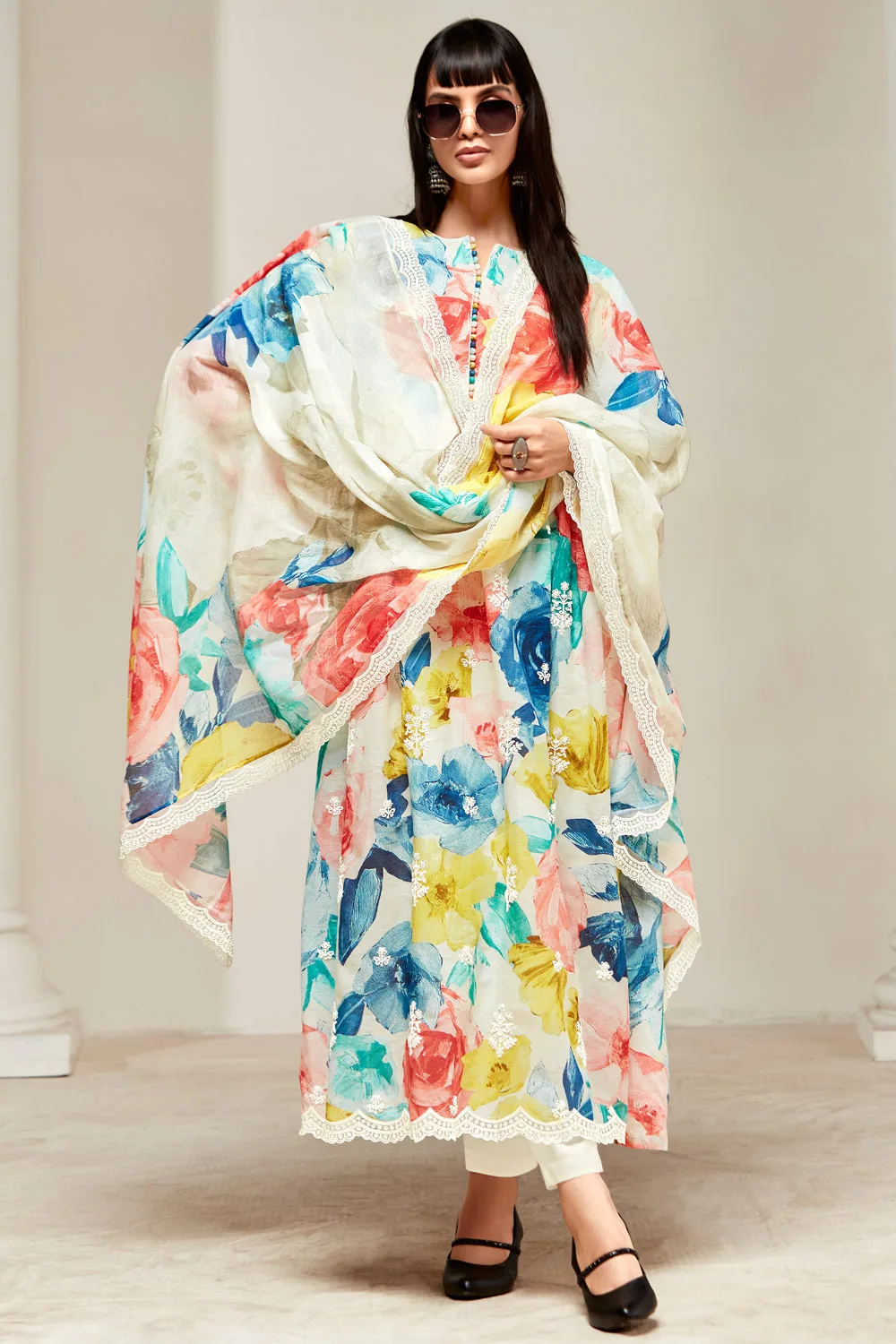 Cream Multi-Color Floral Linen Kurta Set with Dori Embroidery and Scalloped Organza Details