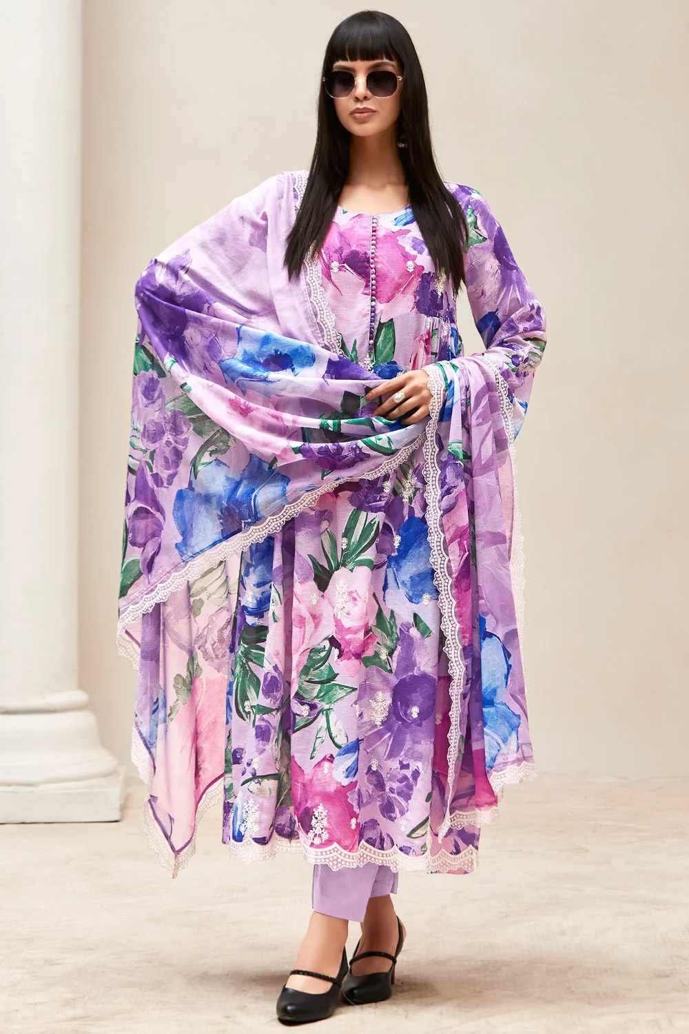Purple Multi-Color Floral Linen Kurta Set with Dori Embroidery and Scalloped Organza Details