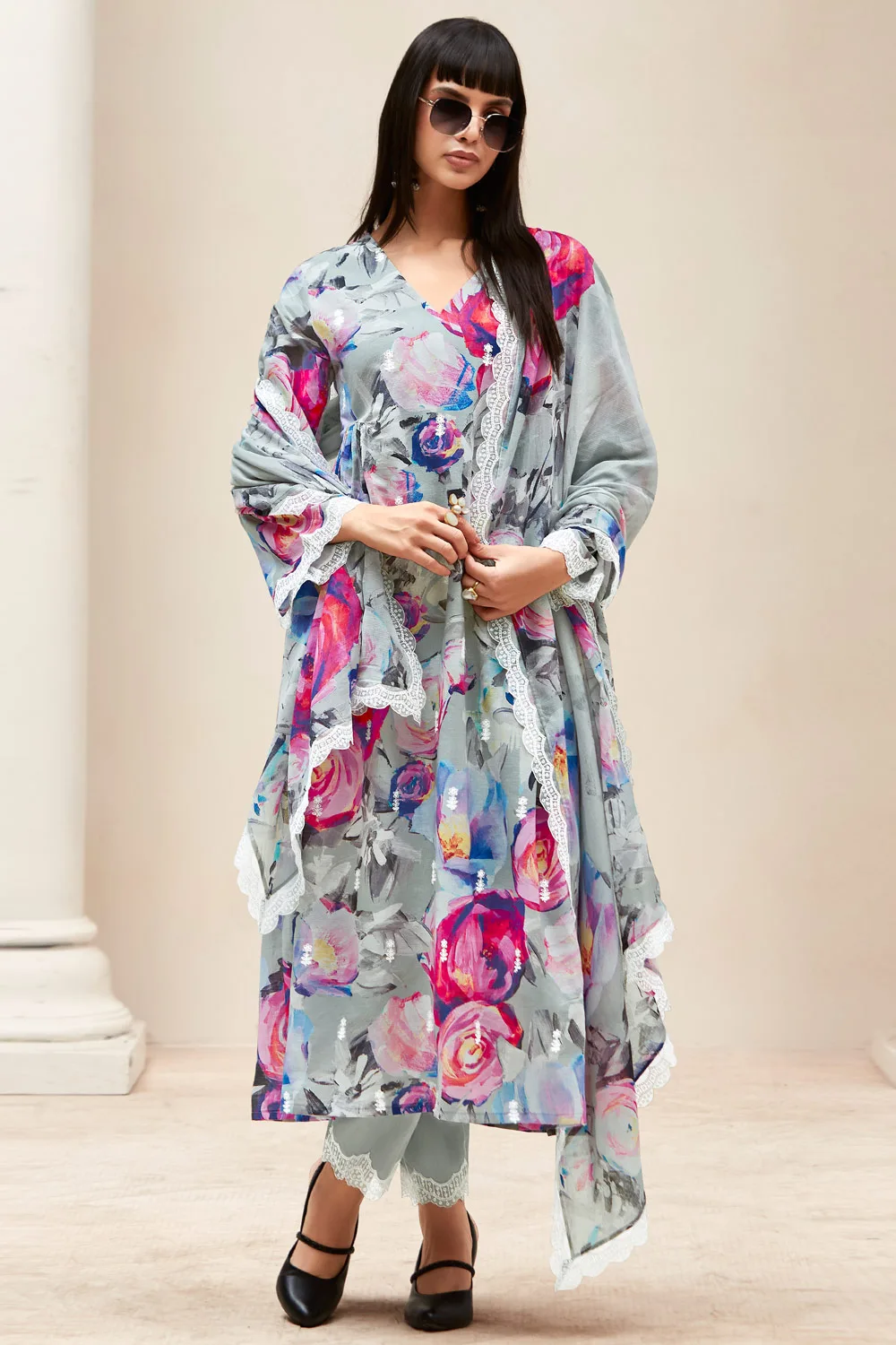 Light Grey Multi-Color Floral Linen Kurta Set with Dori Embroidery and Scalloped Organza Details