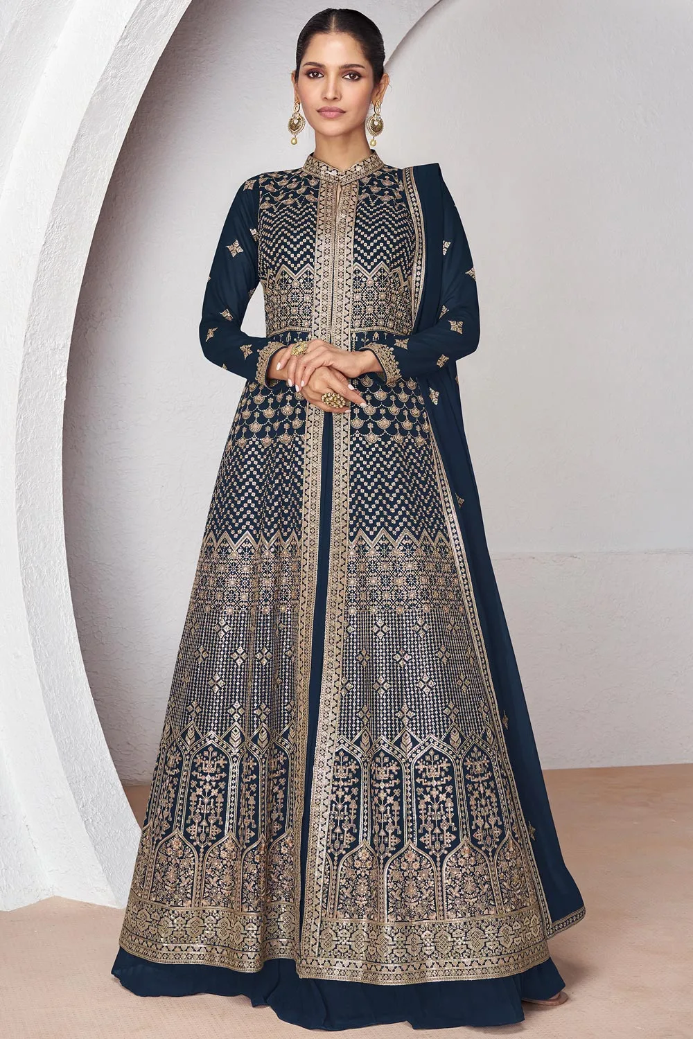 Navy Blue Embroidered Anarkali Suit with Dupatta