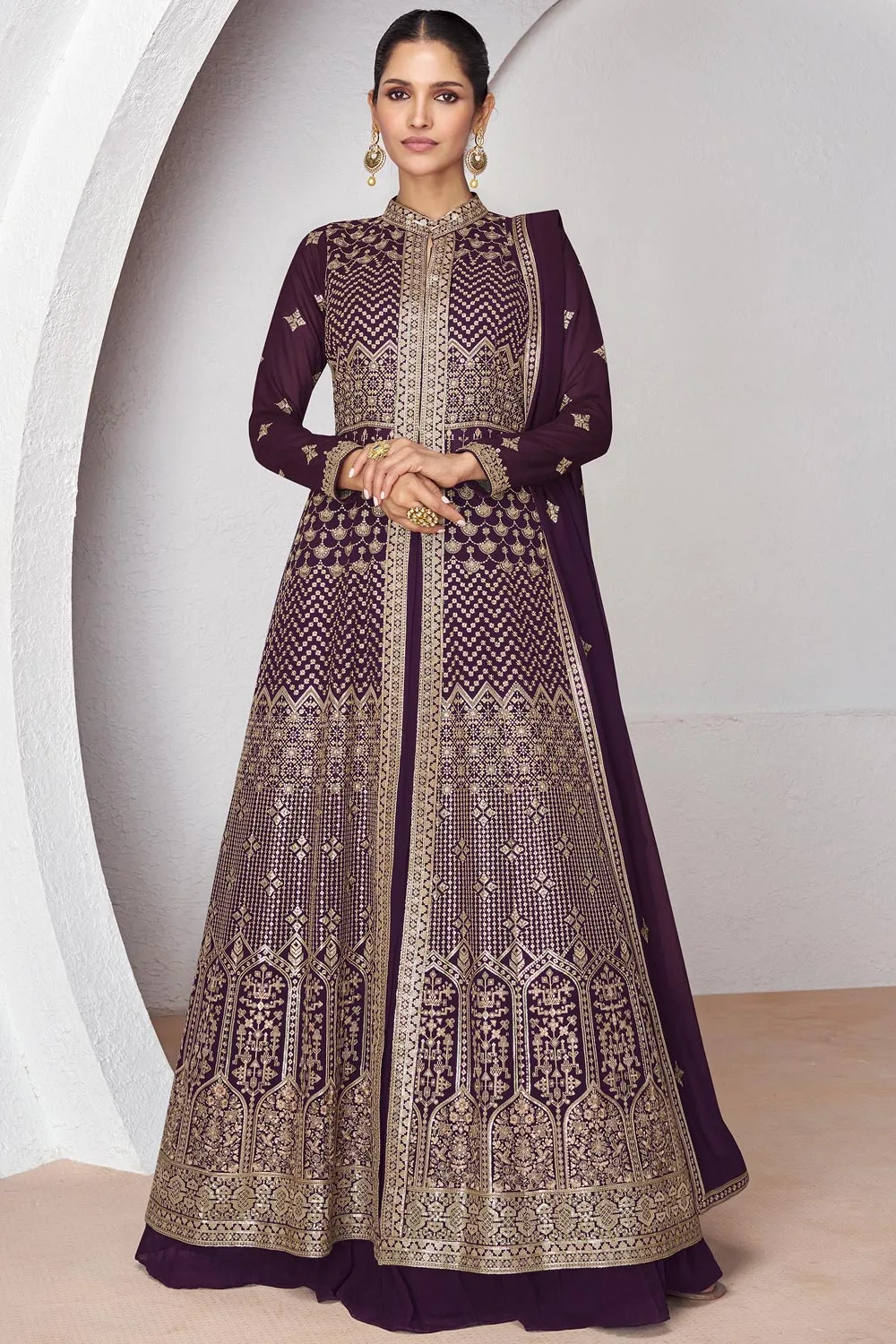 Wine Embroidered Anarkali Suit with Dupatta